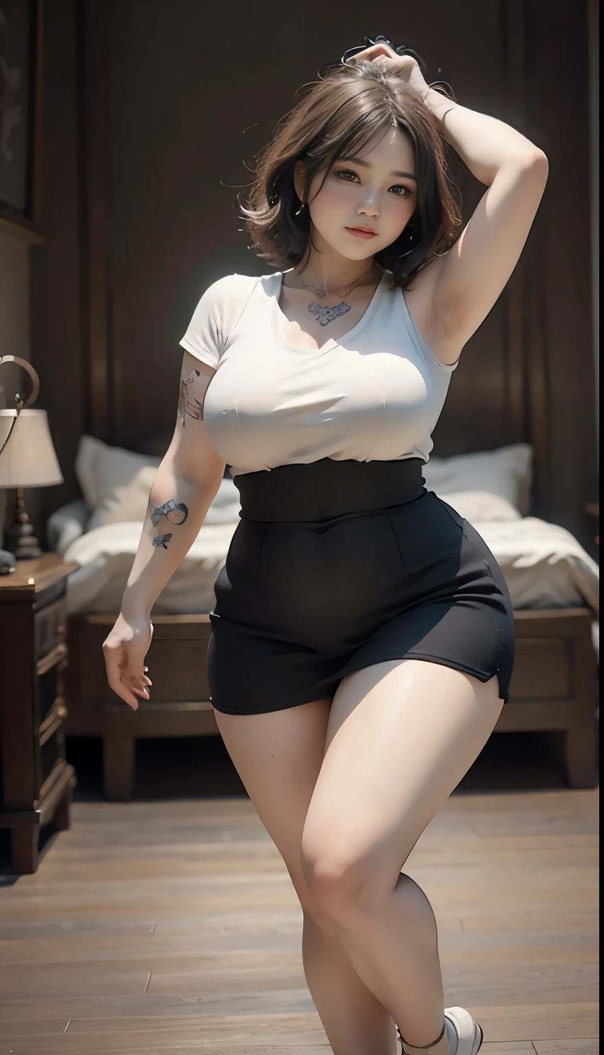 ((best quality)), ((masterpiece)), (detailed), perfect face, Beautiful, mother-in-law, asian-Indonesian , voluptuous, wearing random clothes (formal), In the black room, seductive expression, chubby body, nice body, milf chubby, chinese-Indonesian. Full body, big arm, wide hips , wearing a sneakers, bob hairstyle, , chubby cheeks, 35 year old, chubby tall woman, tattooed thighs , yakuza tattoos , big thighs, big armpits , chubby massive cheeks , thick neck, cold atmosphere, low light, wavy short haired, big breasts, showing her armpits , thick woman