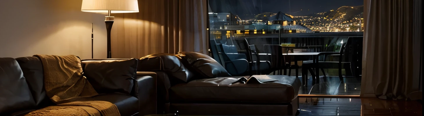 a cozy living room, big living room, warm lamp, bookshelf, nice couch, side view angle, scenery, comforting scenery, landscape, landscape image, night time, evening, raining outside