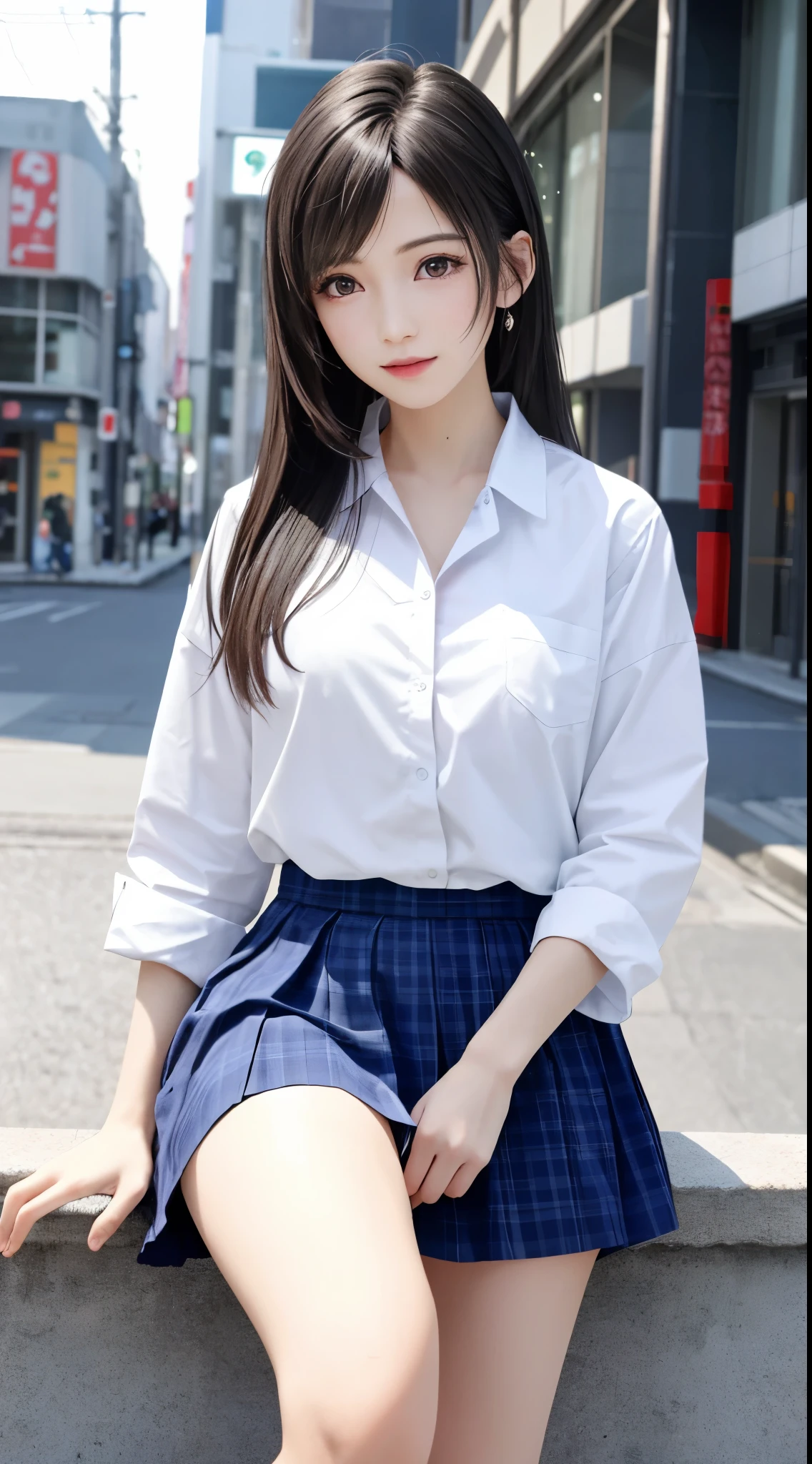 (top quality, masterpiece: 1.1), (Realistic: 1.3), (photo Realistic: 1.3),wallpapers, BREAK (((FF7,Tifa_lockhart))),{{{Japan jk uniform, school uniform, sailor suit, long-sleeved, Navy Blue Plaid Pleated mini-Skirt, Dark blue short socks, loafers}}},(background big city,shibuya:1.1,hard snow:1.3,neon:1.2),Cinematic lighting, city light at night,(gravure pose:1.3,nogizaka idol),Ultra-detailed face, Detailed eyes, Red eyes, BREAK (((FF7,Tifa_lockhart))),(black brown hair, Large breasts: 1.0), BREAK , About 18 years old, kawaii, sensual, looking at viewer, Beautiful legs, walking ,wet body:1.3,Heavy snow , In the snow, Snow falls