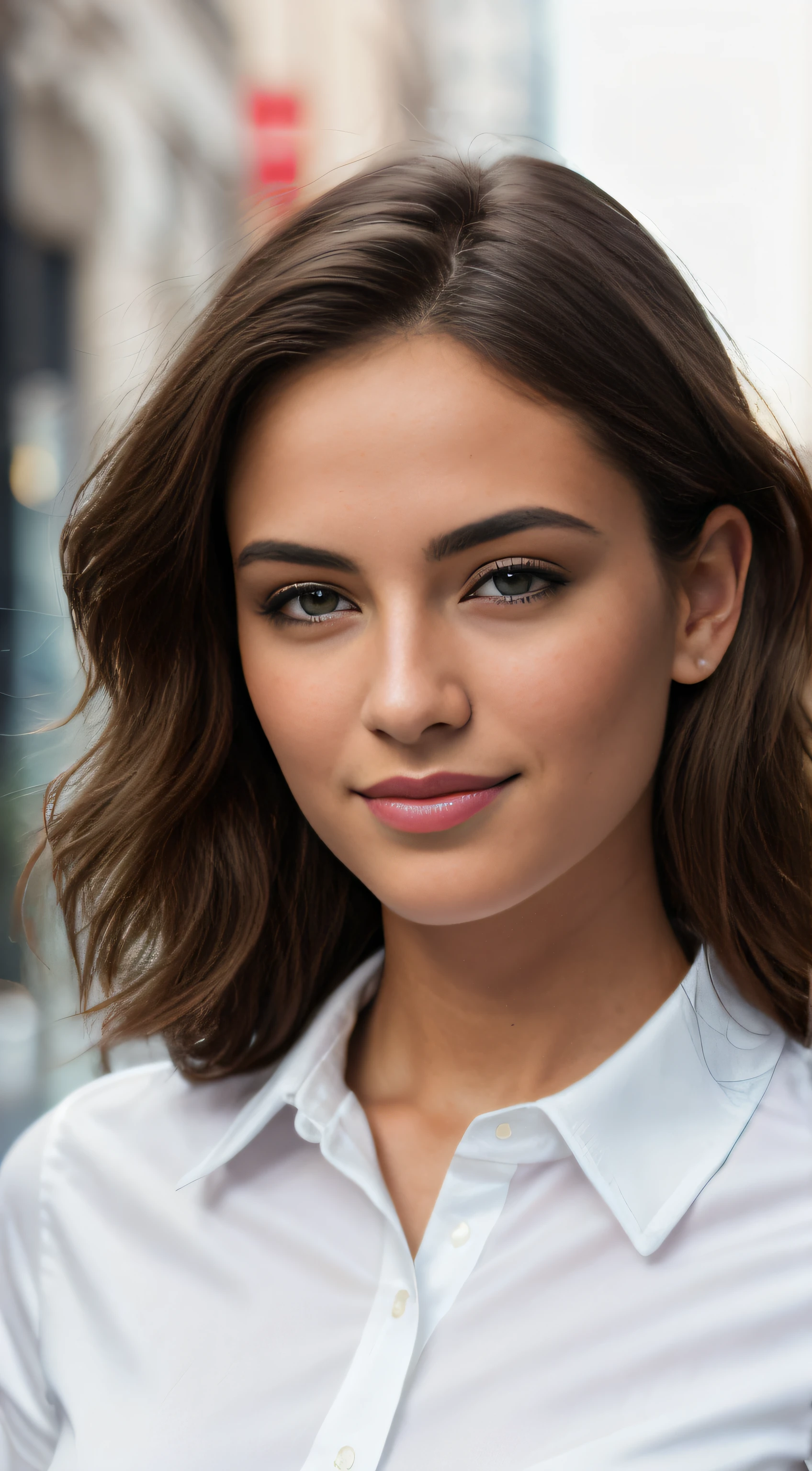 morena bonita vestindo camisas brancas, CIDADE, muito detalhado, 21 s de idade, rosto inocente, cabelos ondulados naturais, olhos azuis, high resolution, obra de arte, melhor qualidade, detalhes intrincados, altamente detalhado, sharp focus, pele detalhada, realista skin textura, textura, olhos detalhados, profissional, 4k, sorriso charmoso, filmado em Canon, 85mm, profundidade superficial de campo, Kodak Vision Colors, corpo em forma perfeita, extremamente detalhado, foto_\(ultra\), photorealista, realista, post-processing, maximum detail, rugosidade, Vida real, ultra realista, fotorrealismo, fotografia, 8K Ultra HD, fotografia