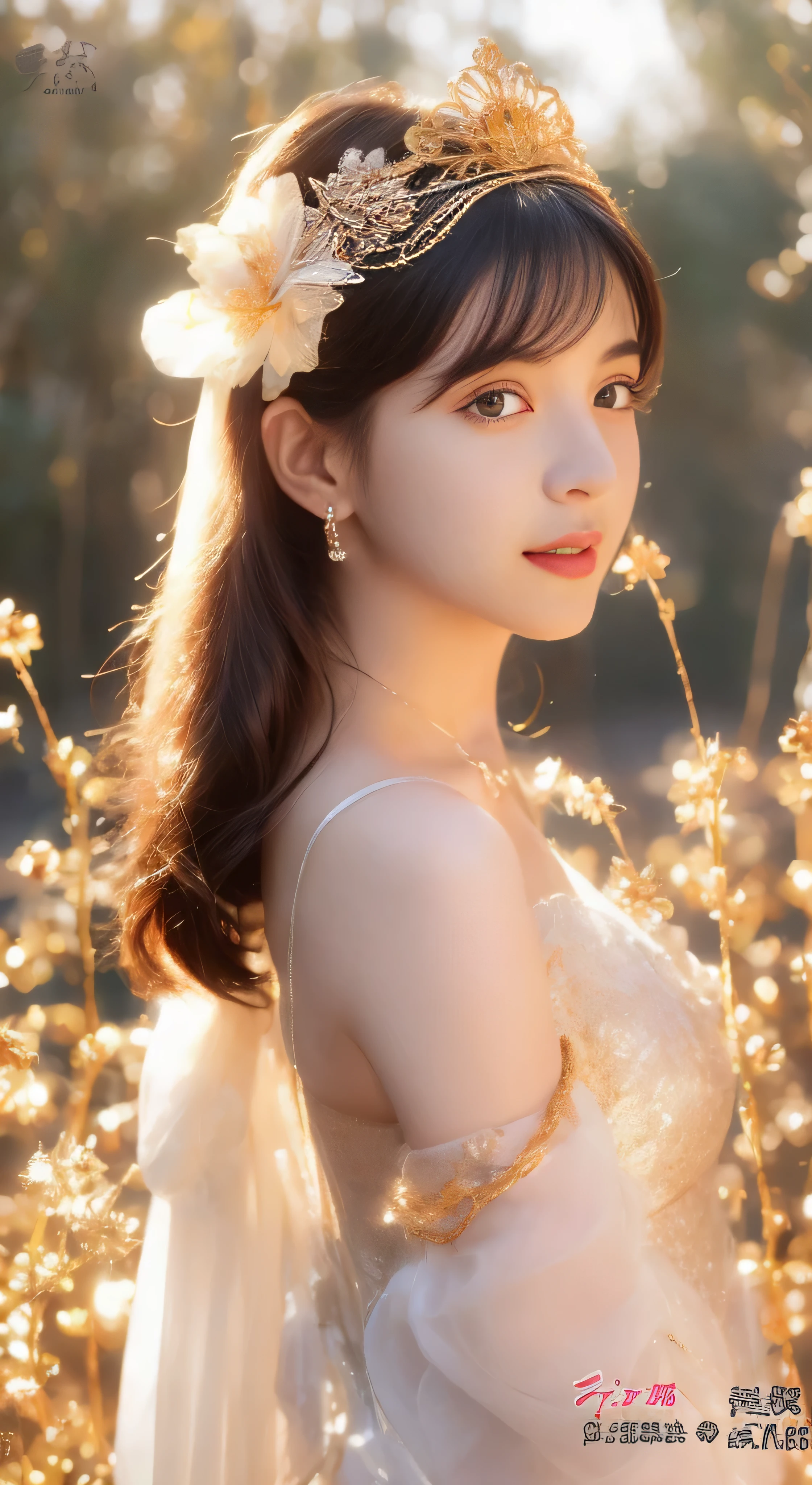 castle in the distance、face is in front、look at the camera、profile、8K、real photos、ultra high resolution, master parts, highest quality, ticker , cinematic images,nice girl、Ann、16 only、Annグロサクソン、double eyelid、droopy eyes、very big eyes、eyes are purple、dark eye shadow、lips are very thin、The tip of your nose grows beautifully...........................................、small nose,,,,, very detailed , silver hair、straight short hair、smile、 sweet expression 、）、very clear shadows , jewelry , fine eyes, Very difficult, shiny skin , パーフェクトブリリAnnト, perfect sentence, dramatic shadow、white tiara on head、Gold necklace around the neck、White aristocratic dress with gold embroidery、glass high heels、angel wings