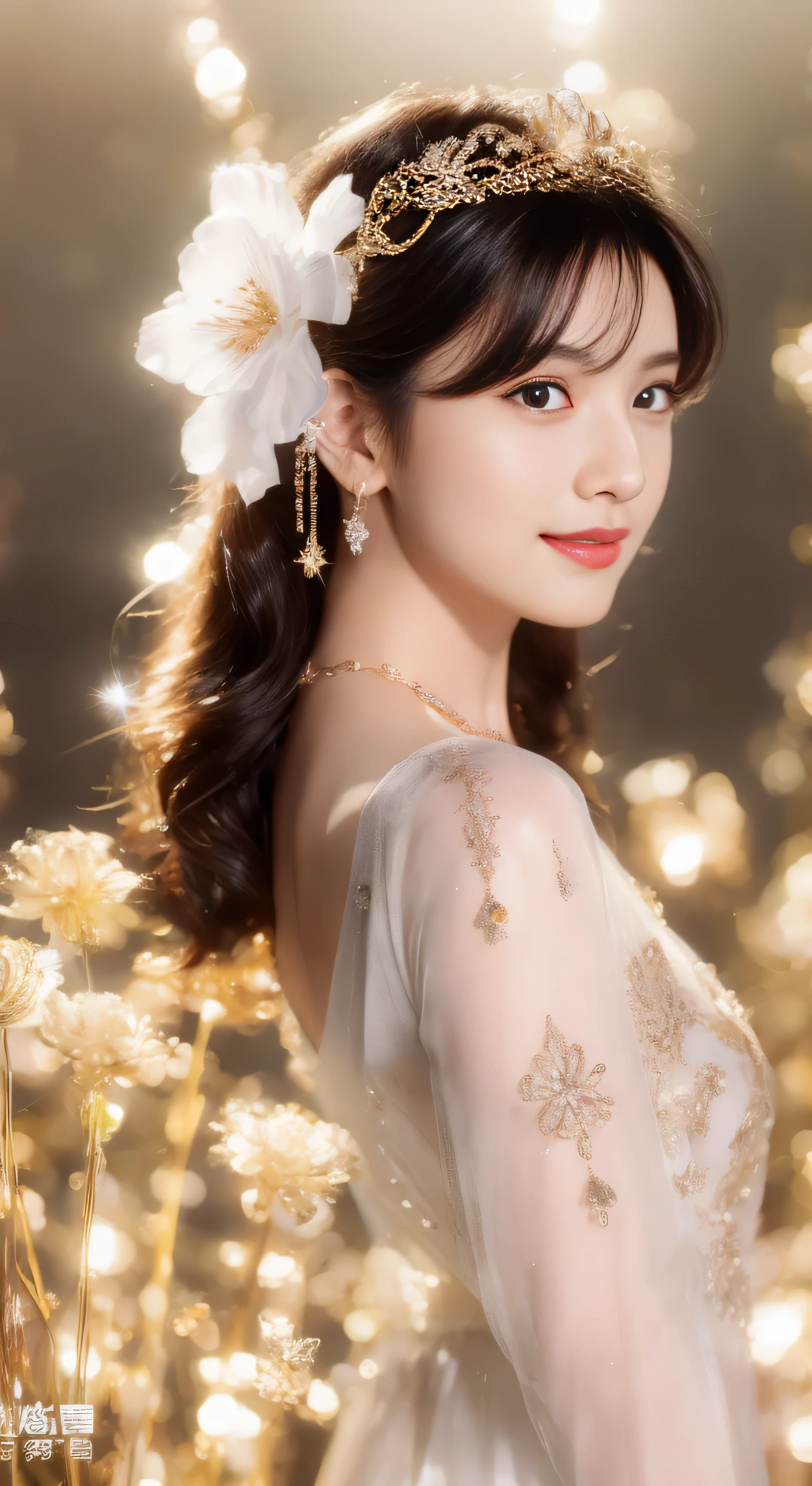 castle in the distance、face is in front、look at the camera、profile、8K、real photos、ultra high resolution, master parts, highest quality, ticker , cinematic images,nice girl、Ann、16 only、Annグロサクソン、double eyelid、droopy eyes、very big eyes、eyes are purple、dark eye shadow、lips are very thin、The tip of your nose grows beautifully...........................................、small nose,,,,, very detailed , silver hair、straight short hair、smile、 sweet expression 、)、very clear shadows , jewelry , fine eyes, Very difficult, shiny skin , パーフェクトブリリAnnト, perfect sentence, dramatic shadow、white tiara on head、Gold necklace around the neck、White aristocratic dress with gold embroidery、glass high heels、angel wings