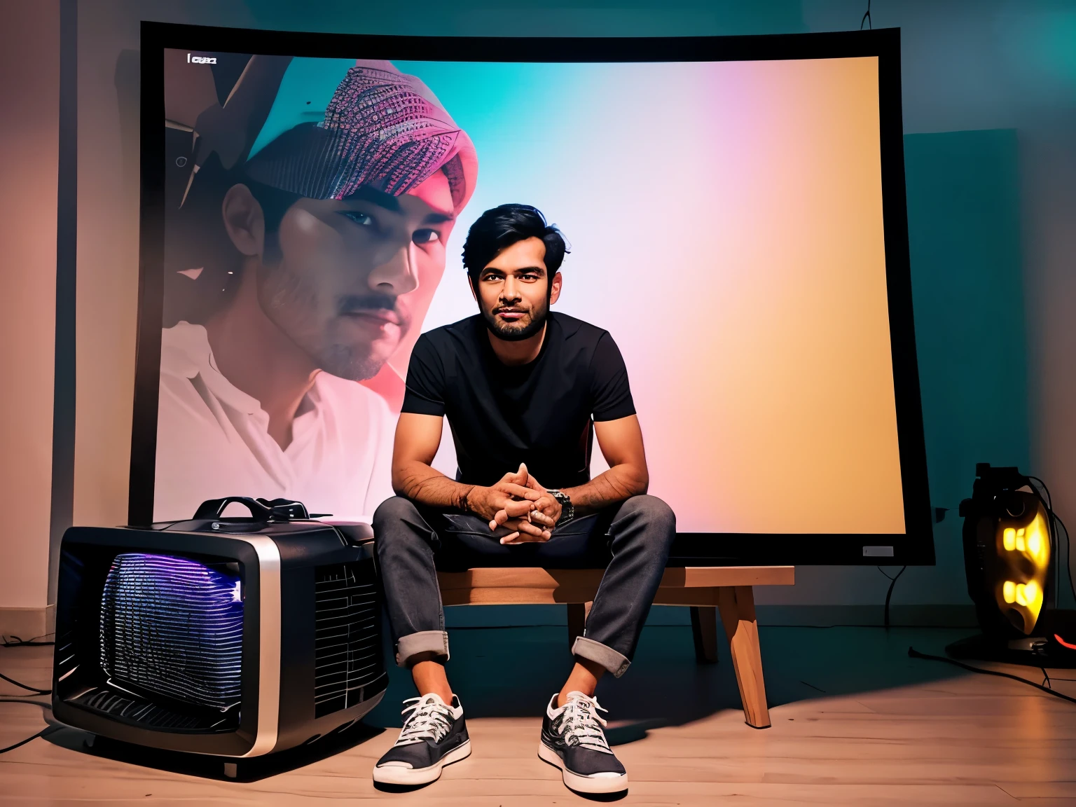 create a realistic image of indian handsome man, age about 30 . sitting on a Projector.Color of projector should be black with colourful lighting,for background create a Facebook profile name is “LIN THIT KHANT”in 3d tripod projector screen.,theme of wallpaper should be dark and realistic