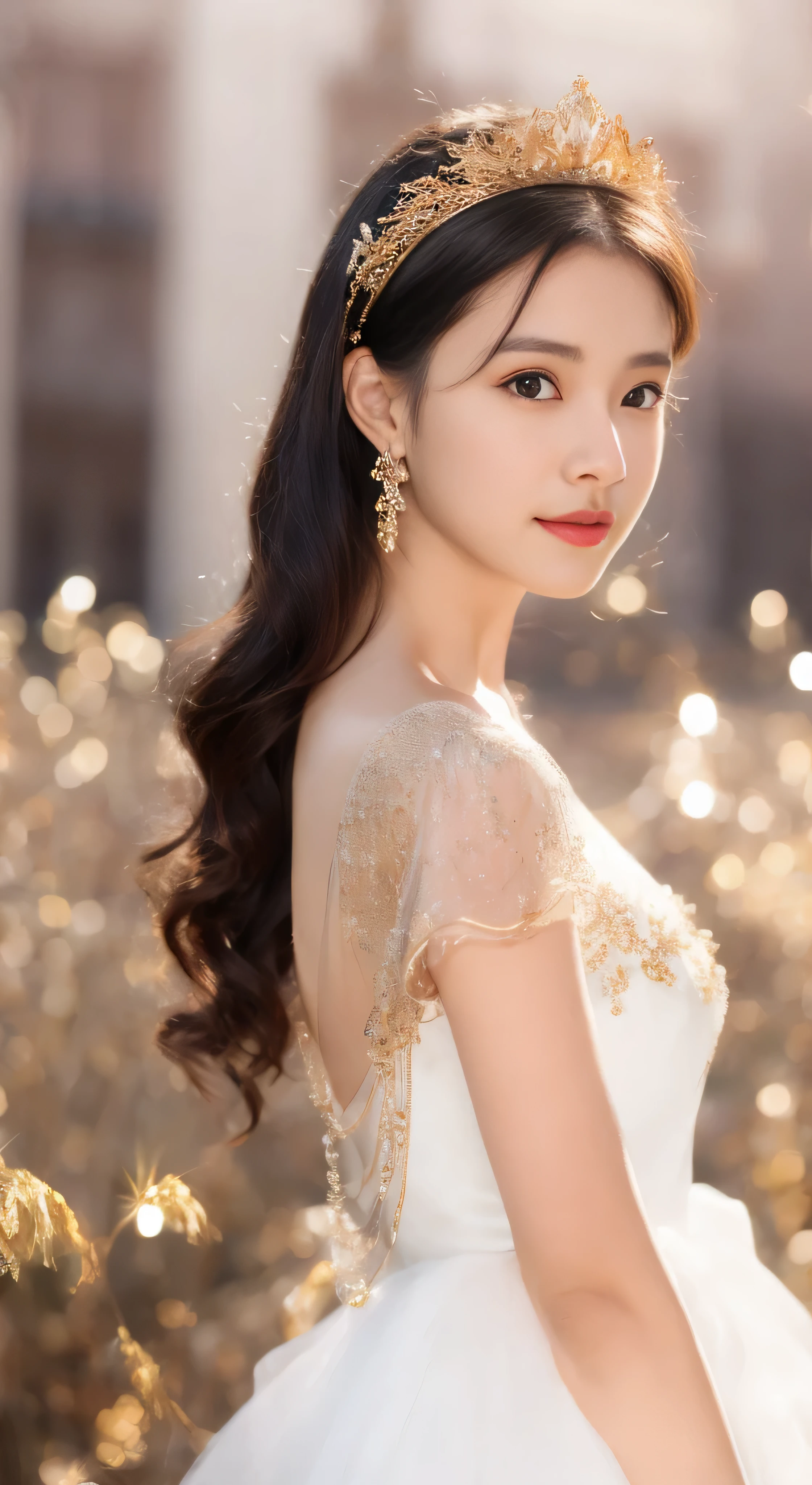 castle in the distance、face is in front、look at the camera、profile、8K、real photos、ultra high resolution, master parts, highest quality, ticker , cinematic images,nice girl、Ann、16 only、Annグロサクソン、double eyelid、droopy eyes、very big eyes、eyes are purple、dark eye shadow、lips are very thin、The tip of your nose grows beautifully...........................................、small nose,,,,, very detailed , silver hair、straight short hair、smile、 sweet expression 、）、very clear shadows , jewelry , fine eyes, Very difficult, shiny skin , パーフェクトブリリAnnト, perfect sentence, dramatic shadow、white tiara on head、Gold necklace around the neck、White aristocratic dress with gold embroidery、glass high heels、angel wings