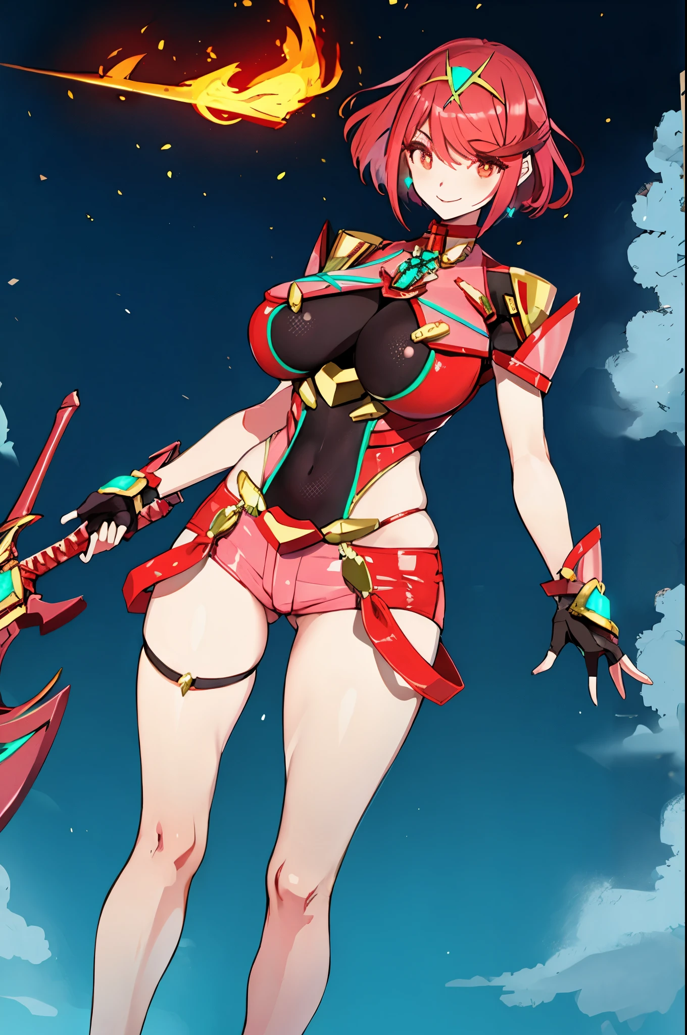 pyra \(xenoblade\), _1girl, , bangs, black gloves, breasts, red eyes, shout, earrings, eyelashes, fingerless gloves, floating hair, , gem, gloves, hair ornament, headpiece, jewelry, big_breasts, leaning back, swimsuit, neon trim, official art, pose, red hair, saitou masatsugu, short hair, sidelocks, skin tight, solo, swept bangs, thighhighs, tiara, fantasy_town_background, underbust, xenoblade chronicles \(series\), (xenoblade chronicles 2), (spread_legs:1.1), fire_effect,fighting,light_smile, big_ass,huge_sword, hold_large_sword_hilt, covered_nipples, covered_pussy, fists,beautiful_fingers,(solo:1.1), bare_shoulder,(shoulder_naked:1.2), (very_short_shorts:1.3),(lise_leg:1.4)