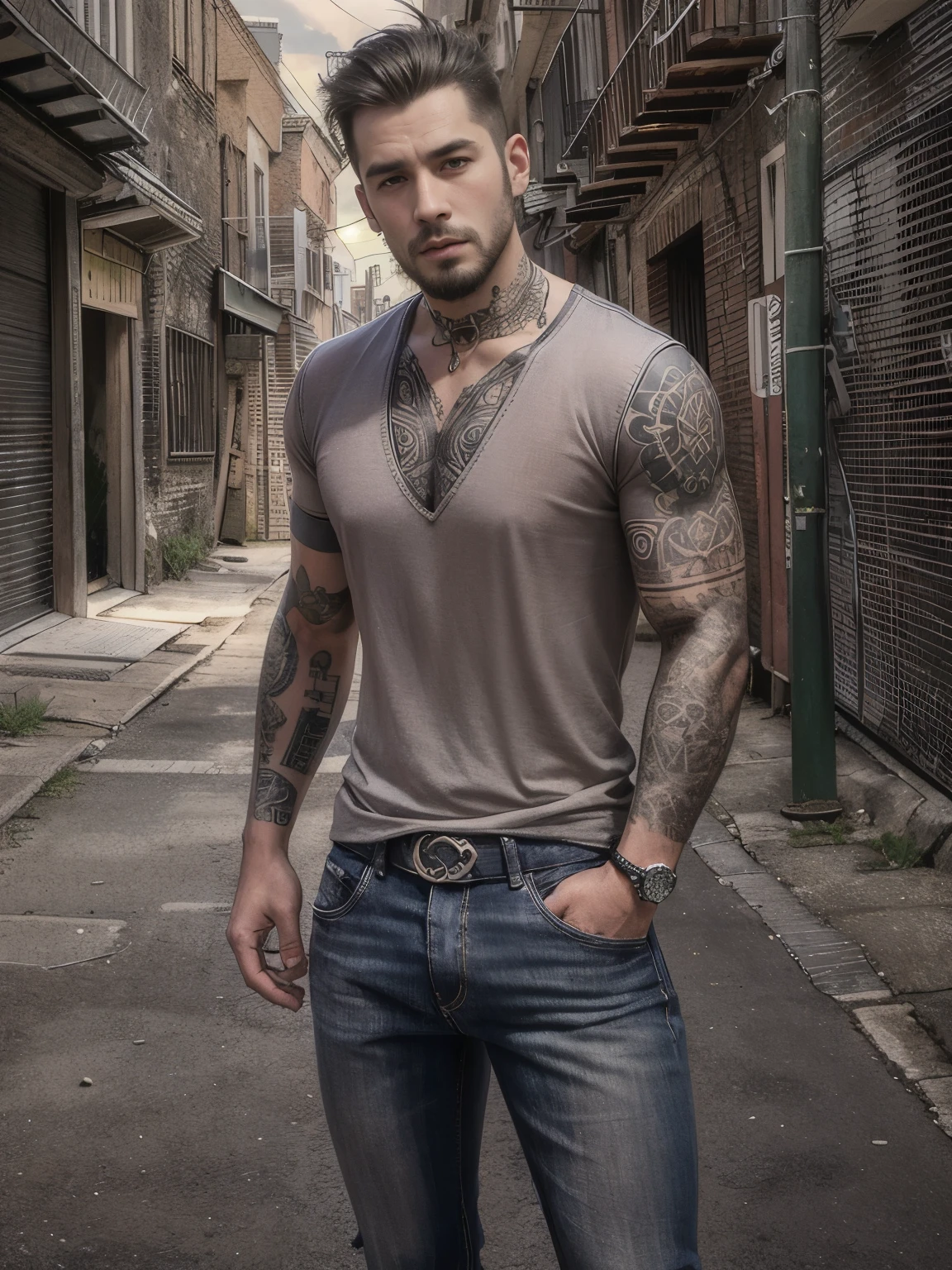 photorealistic, high resolution, 1man, gentlemen look, solo, hips up, look at viewer, (detailed face), slick back hair, wearing sleeveless tshirt and jeans, tattoo, background back alley street
