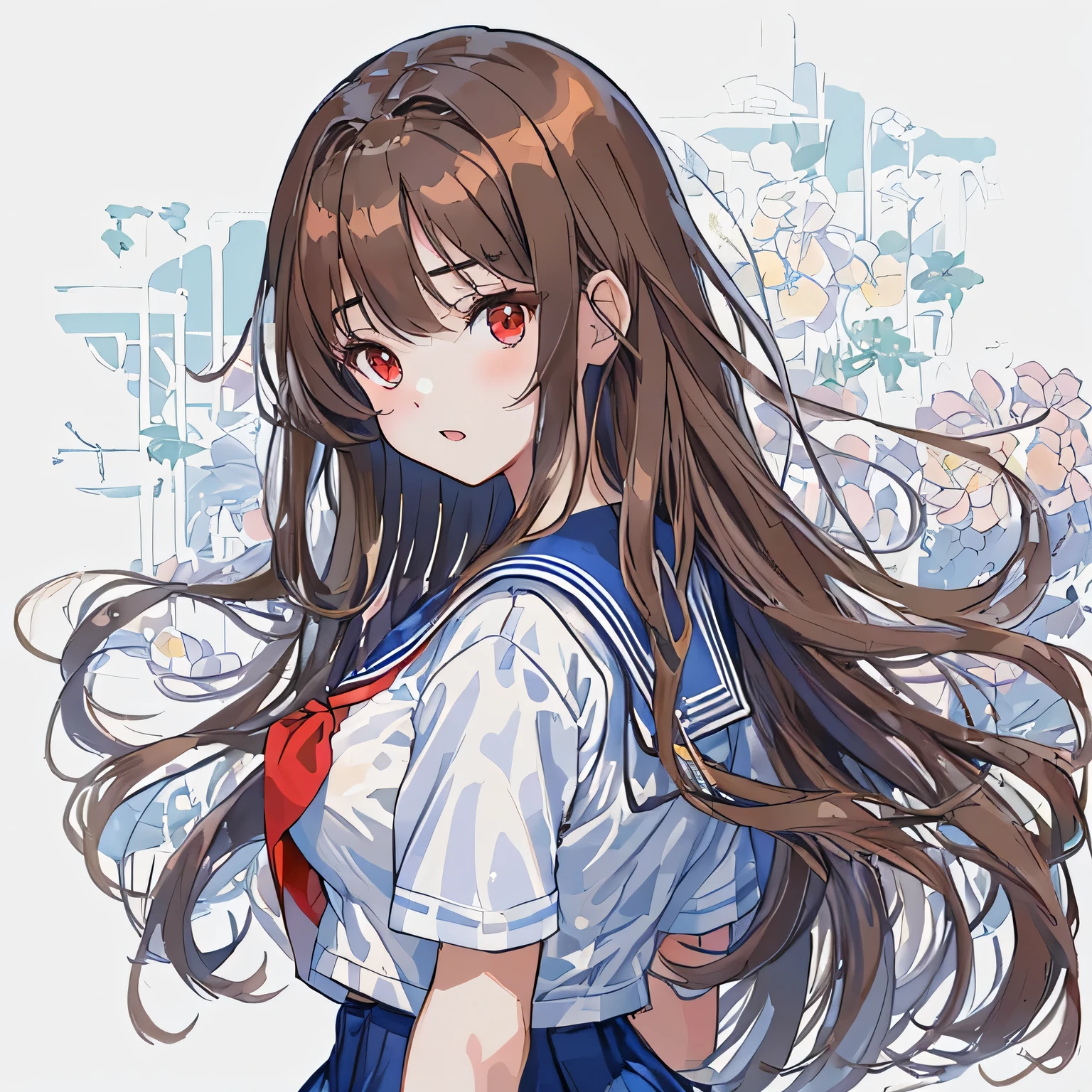 masterpiece, highest quality,figure,sailor suit,slanted eyes,straight hair,brown hair,side parted,super dense skin,beautiful and fine eyes,short sleeve shirt,red eyes,(big breasts:1.2), (A raised and well-defined bust:1.2), (Lifted chest:1.2), (perky chest :1.2),high school girl,please sit down,high socks,loafers,bench,