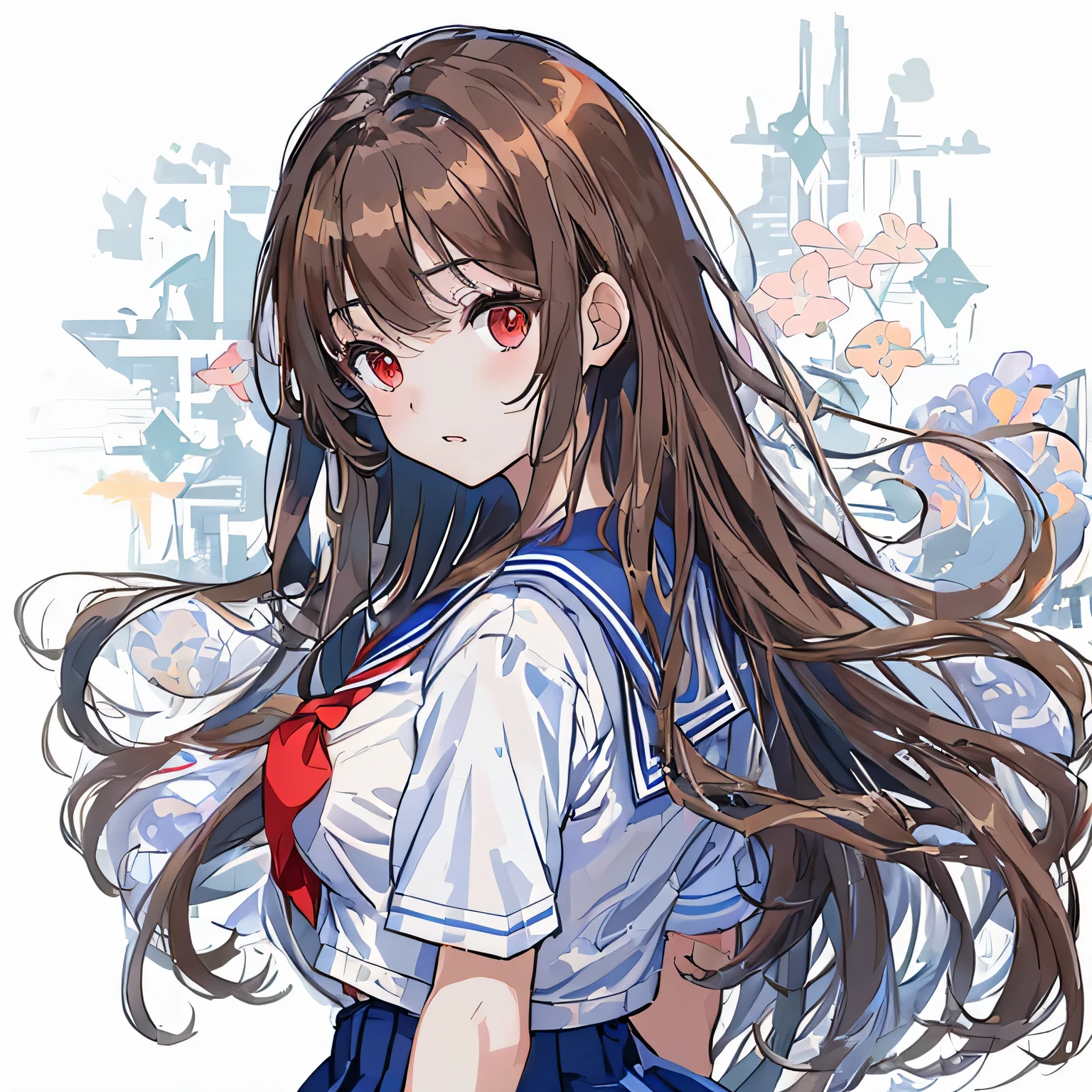 masterpiece, highest quality,figure,sailor suit,slanted eyes,straight hair,brown hair,side parted,super dense skin,beautiful and fine eyes,short sleeve shirt,red eyes,(big breasts:1.2), (A raised and well-defined bust:1.2), (Lifted chest:1.2), (perky chest :1.2),high school girl,please sit down,high socks,loafers,bench,