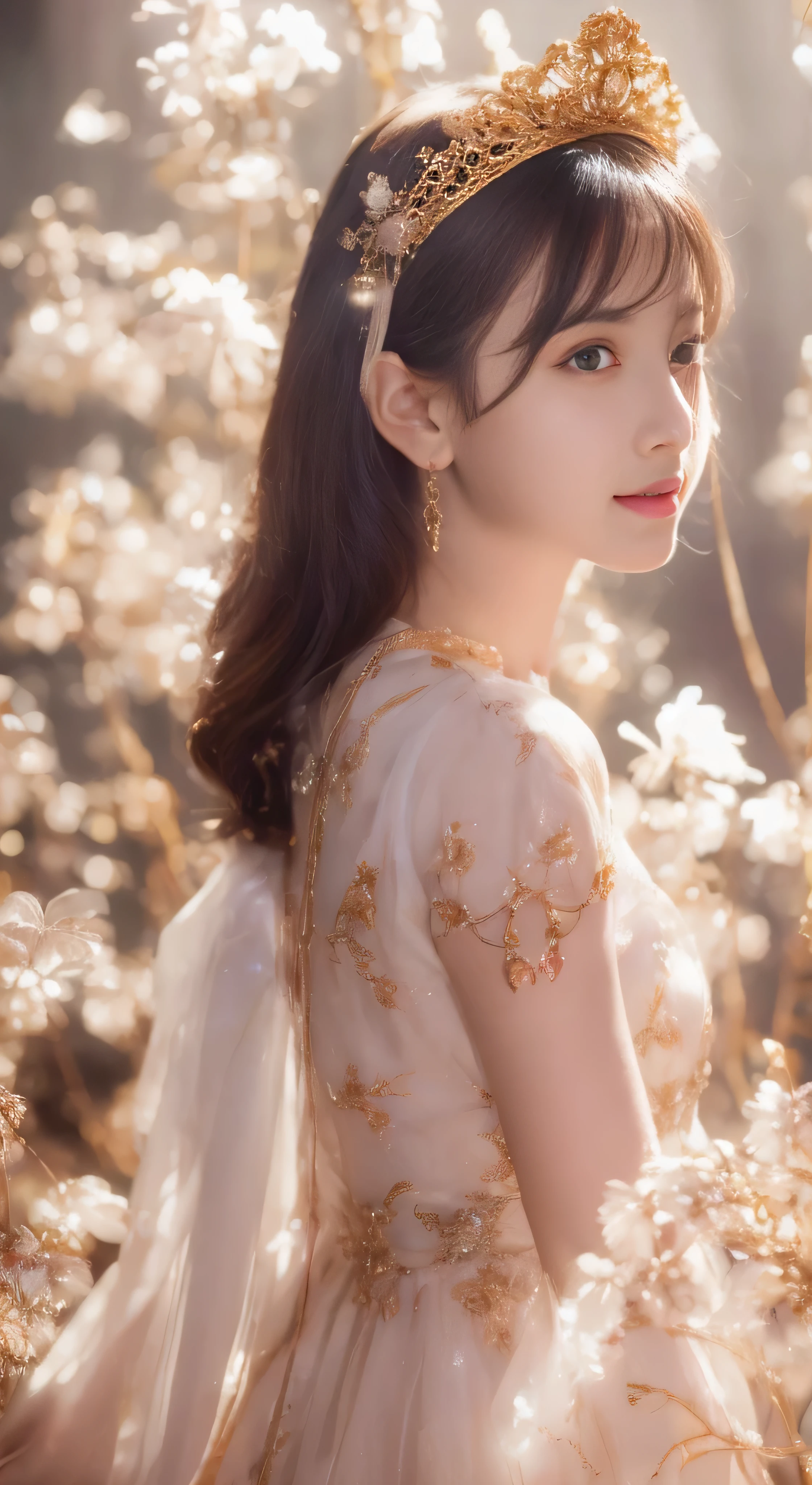 castle in the distance、face is in front、look at the camera、profile、8K、real photos、ultra high resolution, master parts, highest quality, ticker , cinematic images,nice girl、Ann、16 only、Annグロサクソン、double eyelid、droopy eyes、very big eyes、eyes are purple、dark eye shadow、lips are very thin、The tip of your nose grows beautifully...........................................、small nose,,,,, very detailed , silver hair、straight short hair、smile、 sweet expression 、）、very clear shadows , jewelry , fine eyes, Very difficult, shiny skin , パーフェクトブリリAnnト, perfect sentence, dramatic shadow、white tiara on head、gold necklace around neck、White aristocratic dress with gold embroidery、glass high heels、angel wings