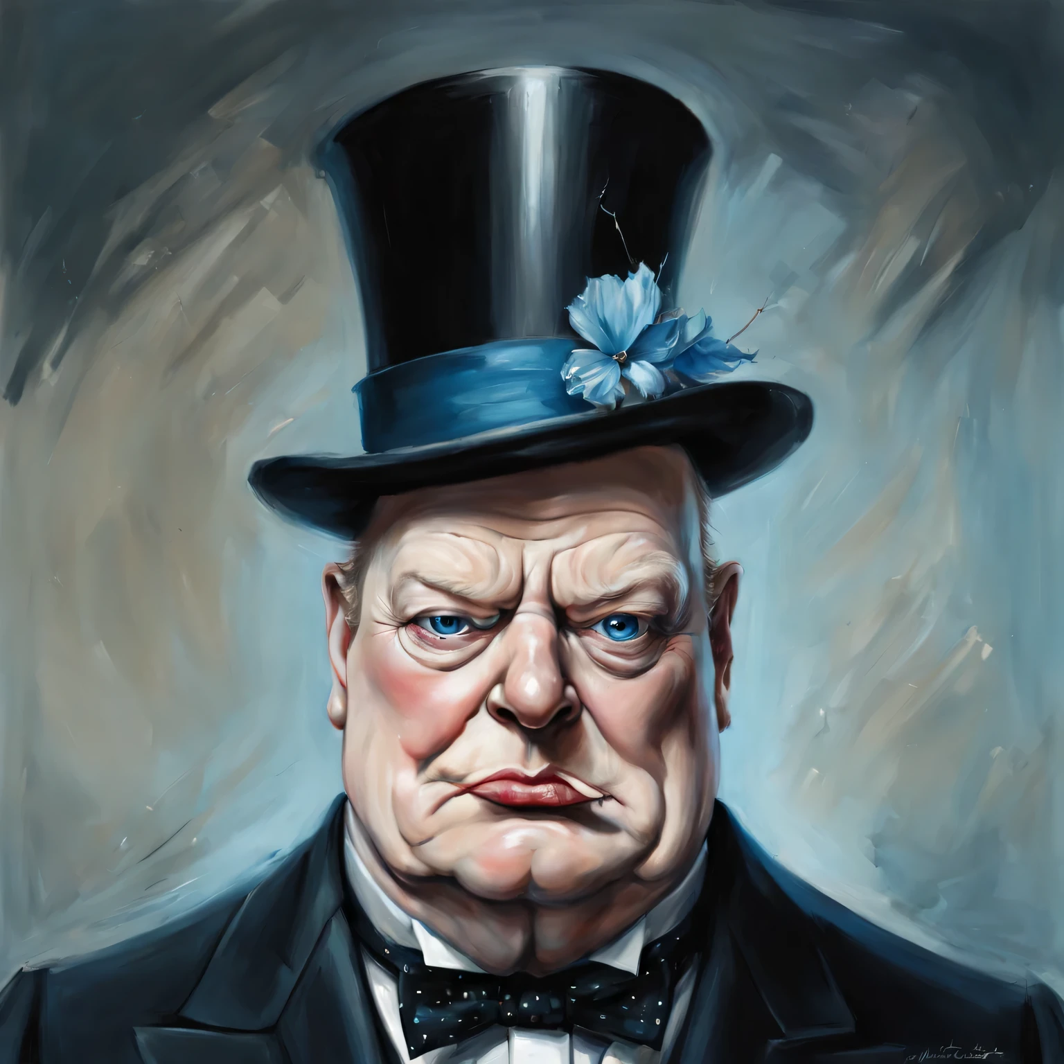 Winston Churchill caricature, In the style of Michael Husser, caricature face, angelina rona, deep white and deep blue, expressive eyes, celebrity portraits, High resolution -- style raw