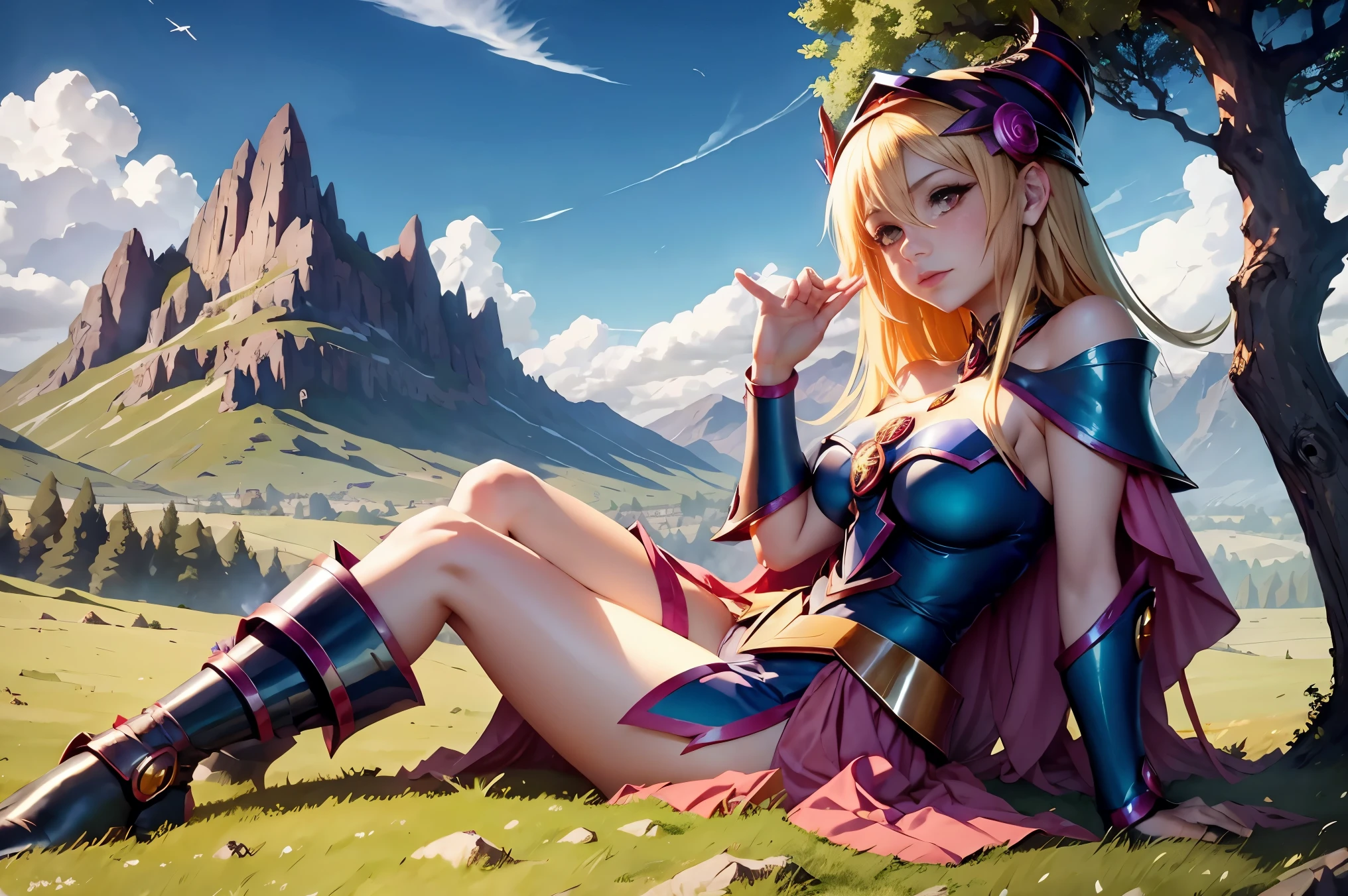 Ereshkigal in the fate series sitting on the grass under a tree looking at the sky looking at the mythical flying creatures in the fields with a beautiful mountainous landscape behind her from a distant view