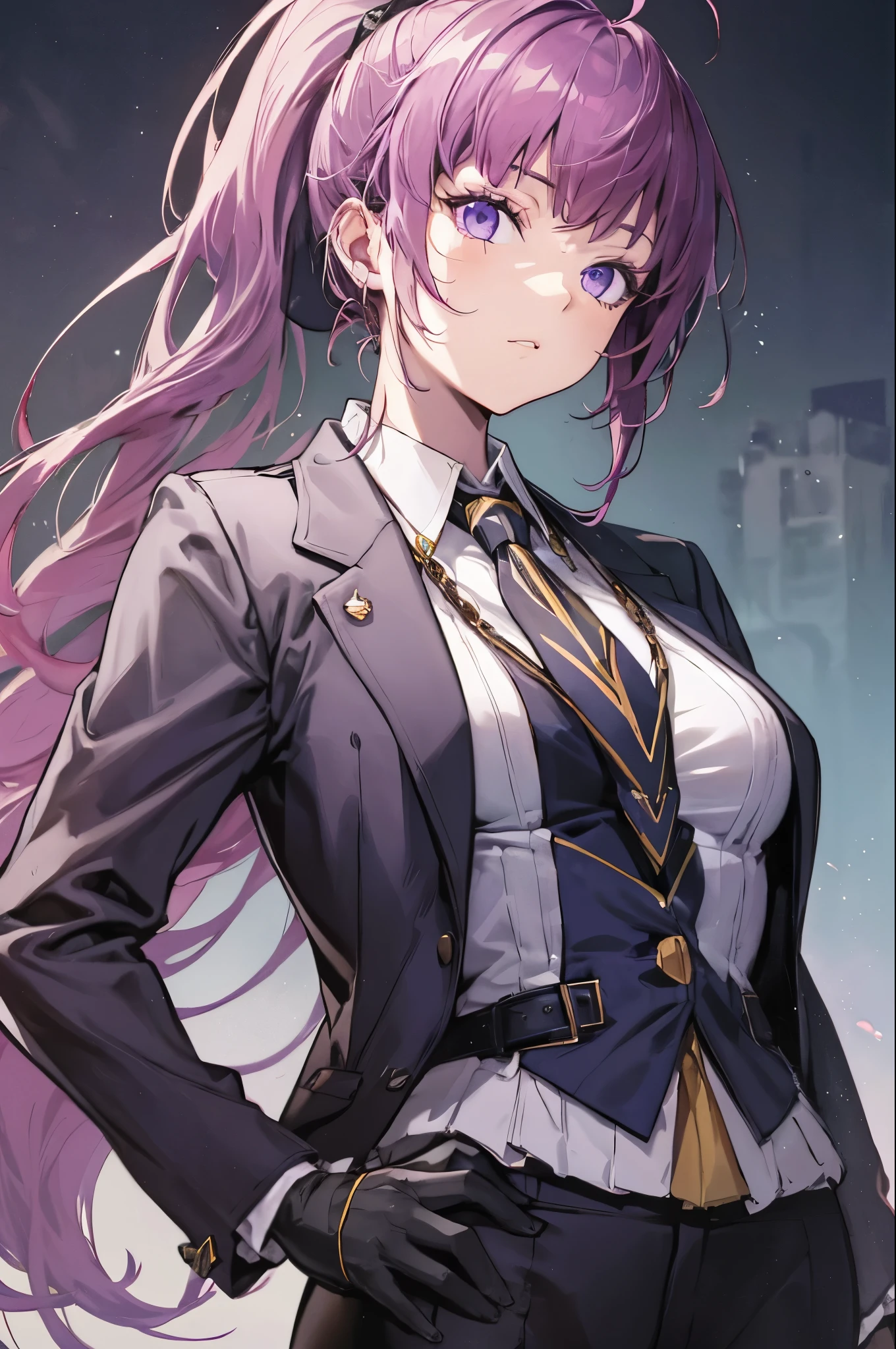 dolla \(nikke\),ponytail, purple eyes,clear face,dolladef, suit, jacket, black gloves, black pants, necktie,slender,Hands on Hips,top-quality,Top image quality,perfect anatomy,masterpiece,ultra-detailliert,Beautiful、ultra-quality, best quality,high resolution, ultra-detailed,game cg,dutch angle ,beautiful detailed eyes, visualart,five fingers, perfect hands,