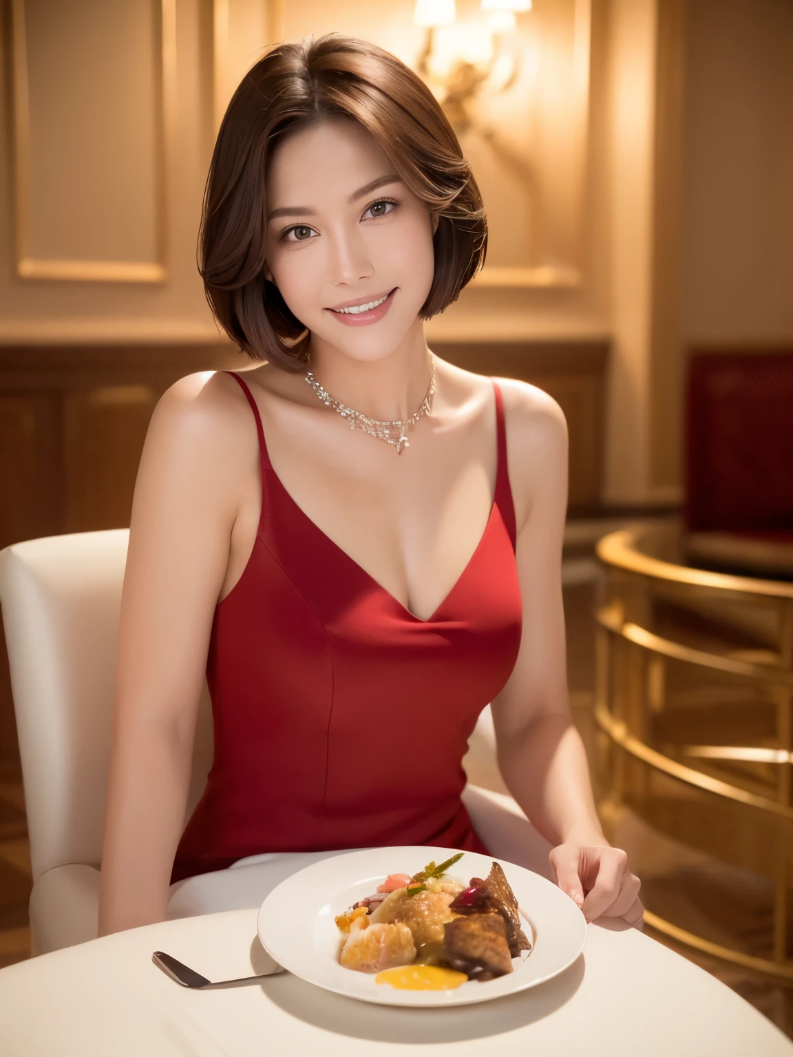 One girl wearing a sparkly red dress, ((Hotel)), ((meal: 1.3))), sitting in a chair, (daytime), bag, Celebrity style, luxury decoration, necklace, (RAW photo, highest quality), (realistic, photo realistic: 1.4), masterpiece, extremely delicate and beautiful, very detailed, 2k wallpaper, wonderful, small details, Highly detailed CG Unity 8K wallpaper, Super detailed, High resolution, soft light, beautiful detailed girl, perfect anatomy , soft light, slender body,black hair, solid circle eyes, light smile, brown hair, short hair, bob cut, wide-eyed, Surrealism, drop shadow, anaglyph, stereogram, tachi-e, atmospheric perspective, cinematic lighting, f/2.8, Nikon, 8k, super detail, best quality, textured skin, anatomically correct, masterpiece ,masterpiece,highest quality, (1 milf、38 years old), ((close:0.5)), glare, double eyelid,lip gloss, (smile:1), ((close your eyes:0.85)),red mouth,clavicle, ((looking at the viewer)),(short hair of reddish-brown color wet and shiny,), (The whole body is shown),(Photoreal:1.3),(RAW photo)