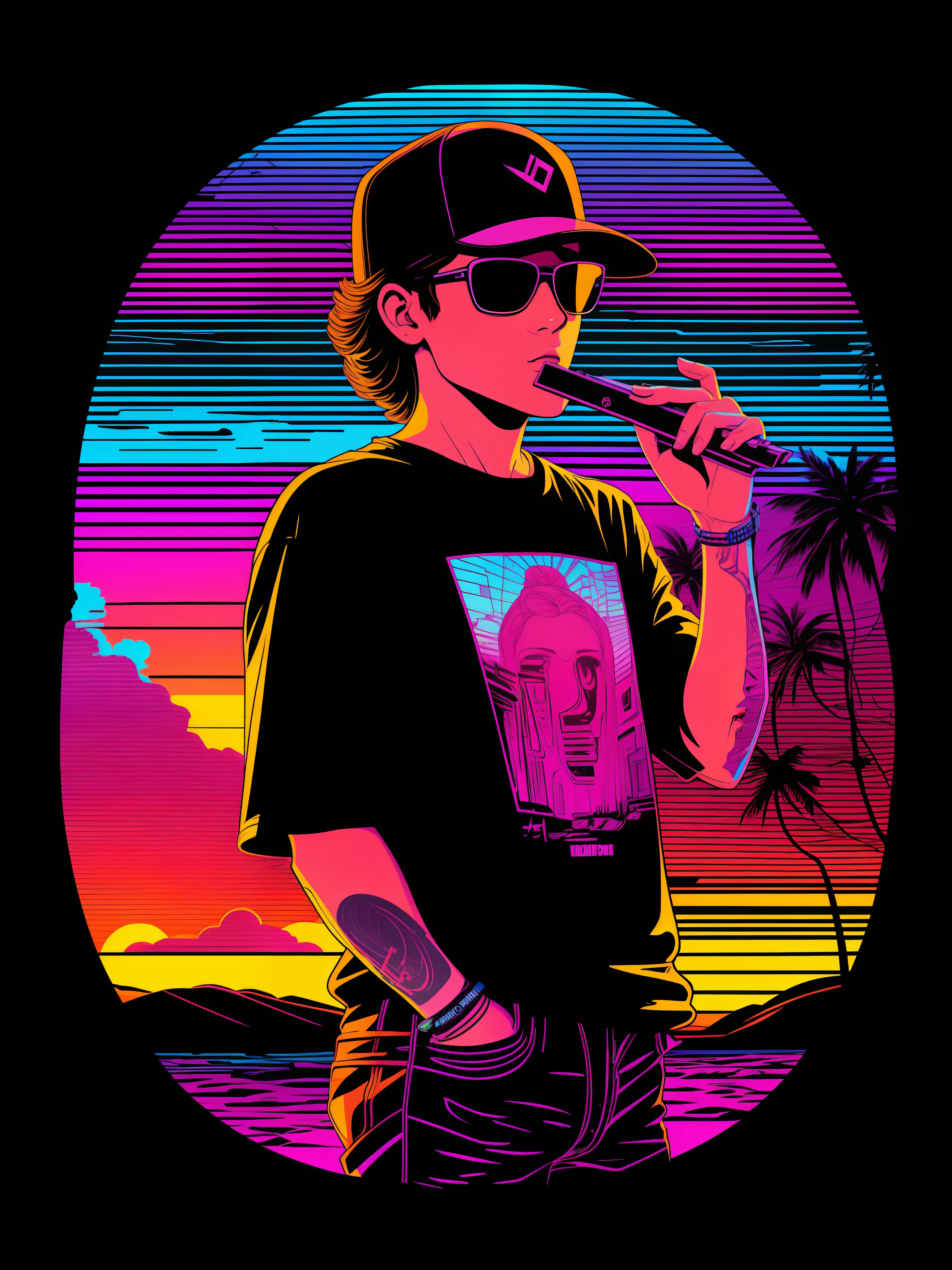 a Harmonica in front of the sunset, vaporwave style, neon style, smooth lines, vector sticker art, vector core, intricate details, black t-shirt design, 8k