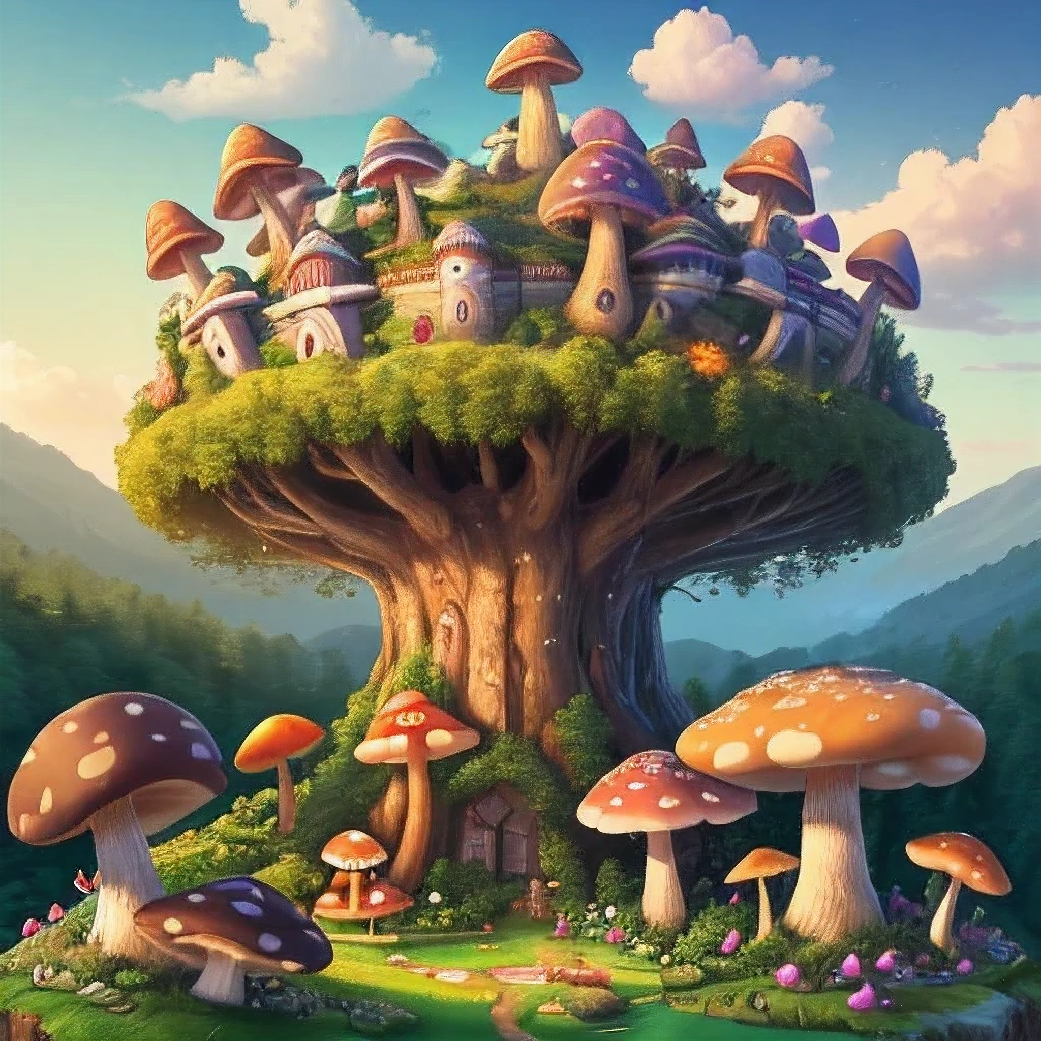 paysage pittoresque panoramique, montrant une forteresse entourée d&#39;une forêt de champignons géants, des milliers de petits,des champignons multicolores partout,grand angle, ultra-détaillé, (meilleure qualité,4k,8K,haute résolution,chef-d&#39;œuvre:1.2), HDR, Des couleurs vives,Netteté,RENDU PHYSIQUEMENT BASÉ, [fantaisie], [magique], [onirique], [couleurs pastel douces], [rétroéclairage doux], [atmosphère éthérée], [Végétation luxuriante], [pacifique], [tranquille]