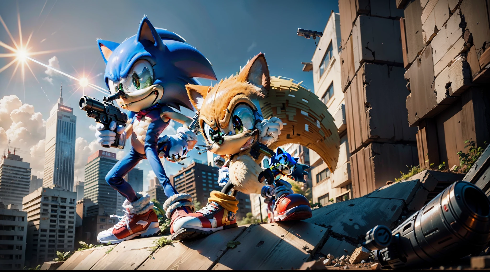 Sonic, holding gun, 4K, vivid, gun pointed at camera, Hedgehog, red, bamboo street background, standing on rubble, masterpiece quality, cartoon like