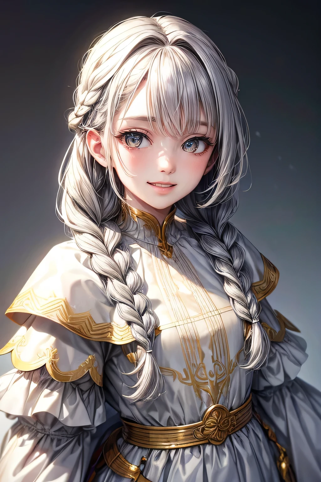 Top quality, high image quality, masterpiece, gray hair, golden eyes, white clothes, looking up, upper body, hair strands, fair skin, side braids, smiling, double teeth