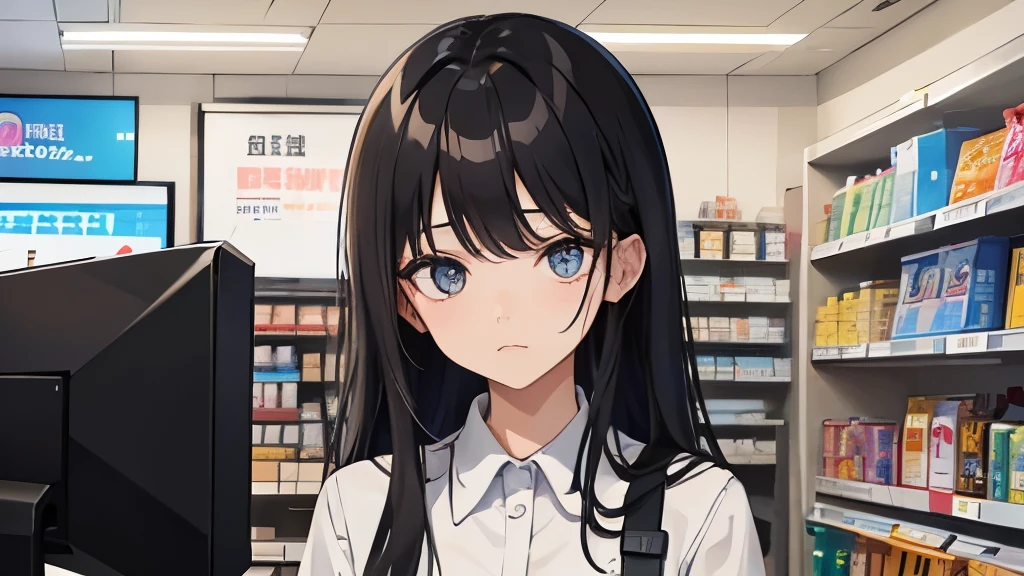 20-year-old、college age girl、Hair is black、long black hair、very cute、Convenience store clerk、working at a convenience store、troubled face