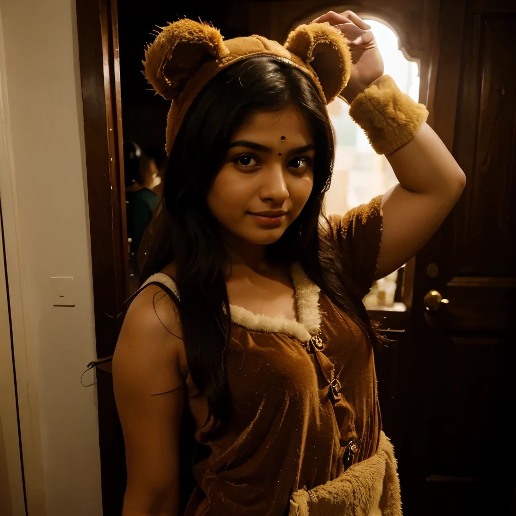Indian girl dressed in a yellow teddy bear costume. The girl is aged 21 and is fully covered.