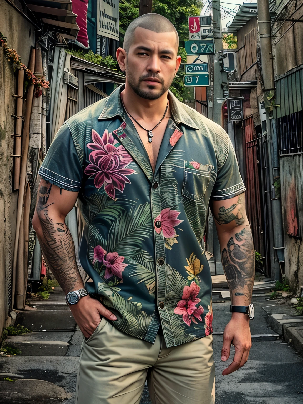 photorealistic, high resolution, 1man, rugged look, solo, hips up, look at viewer, (detailed face), buzz cut hair, wearing Hawaiian shirt, tattoo, background back alley street