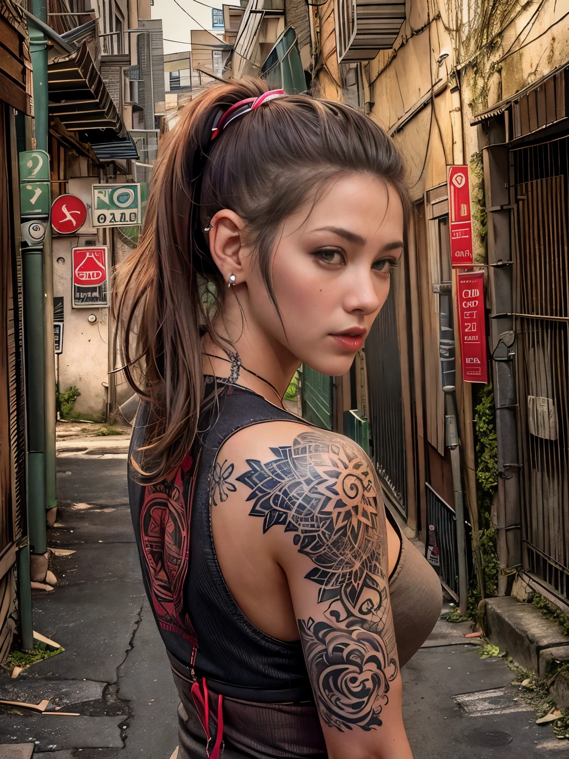 photorealistic, high resolution, 1women, stunning female, solo, hips up, look at viewer, (detailed face), brown hair, ponytail, wearing street wear, tattoo, background back alley street