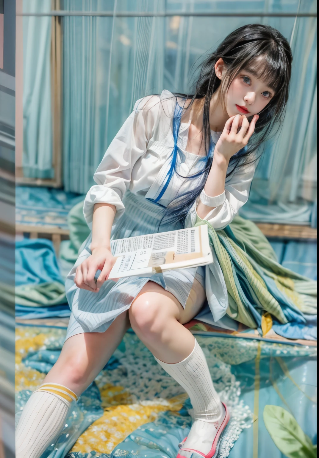 masterpiece、highest quality、cinema、(Detailed both eyes)、(cute japanese woman、bangs:1.3)、23 years old、1 girl、elegant、black hair、(auraroid photo:1.2)、sailor suit
