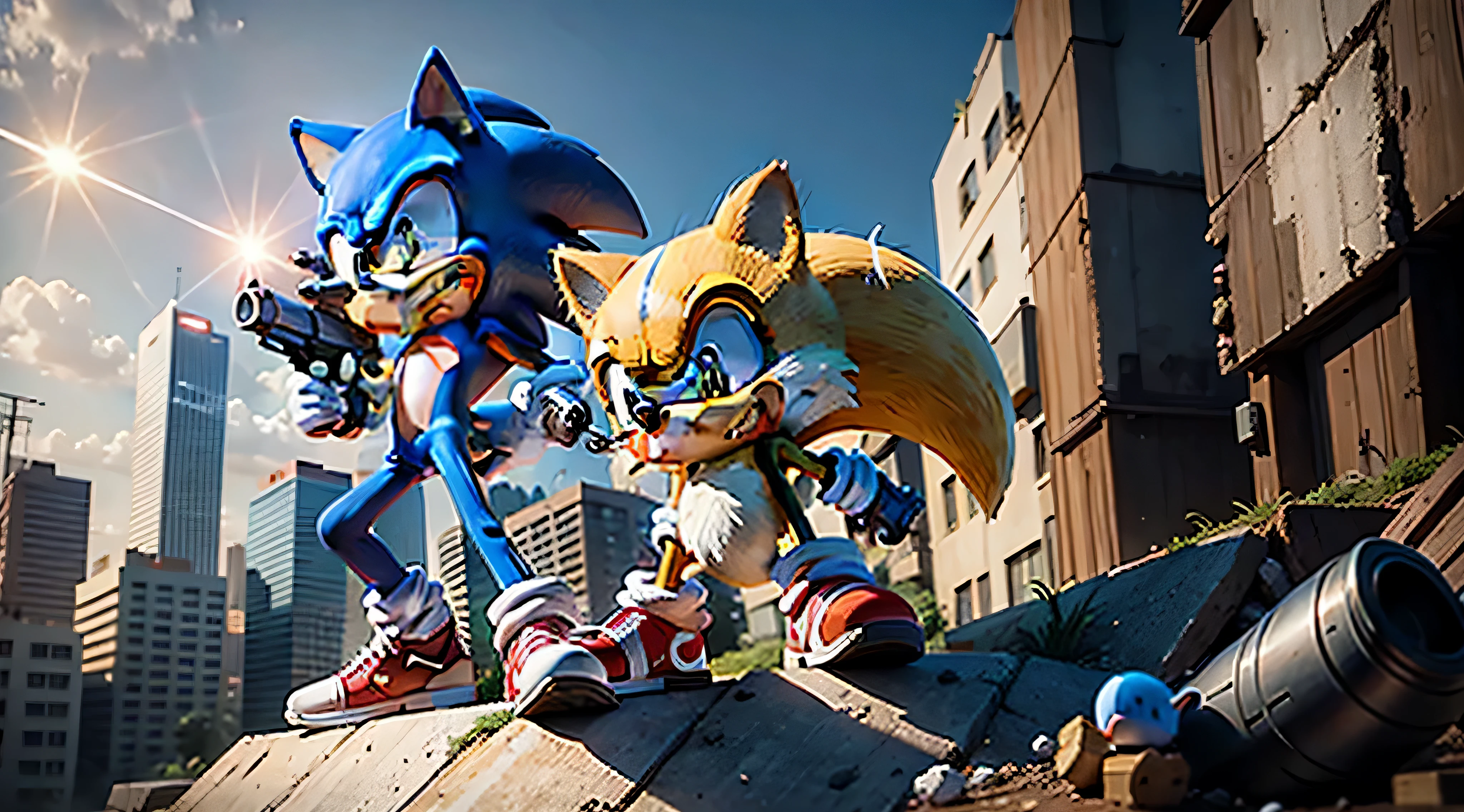 Sonic, holding gun, 4K, vivid, gun pointed at camera, Hedgehog, red, bamboo street background, standing on rubble, masterpiece quality, cartoon like