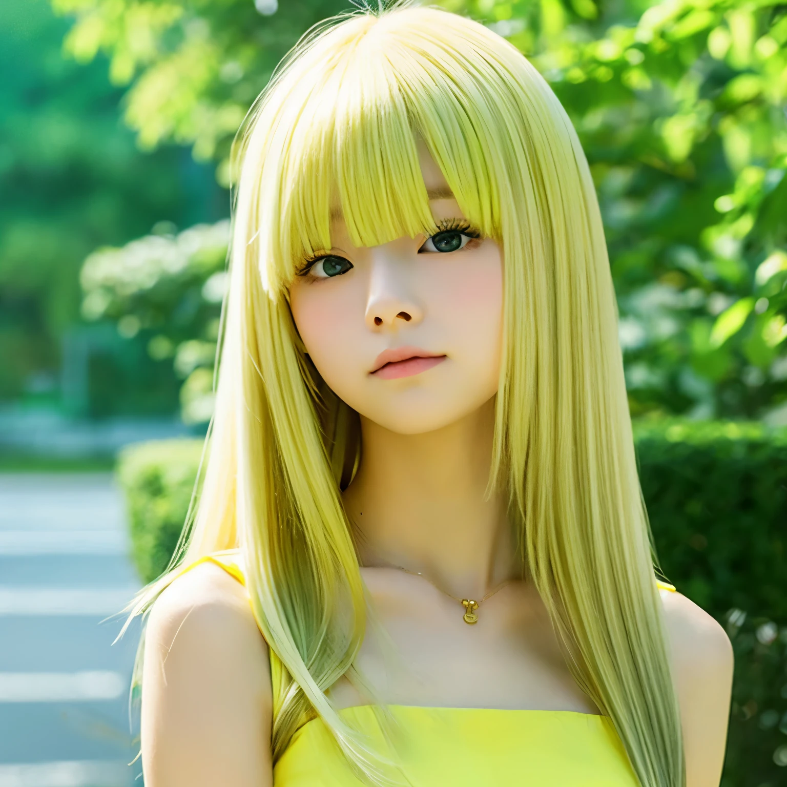 anime girl、Blonde Lady、Yellow-green dress、19 years old、shyness、Quiet、double、hair is down、straight、