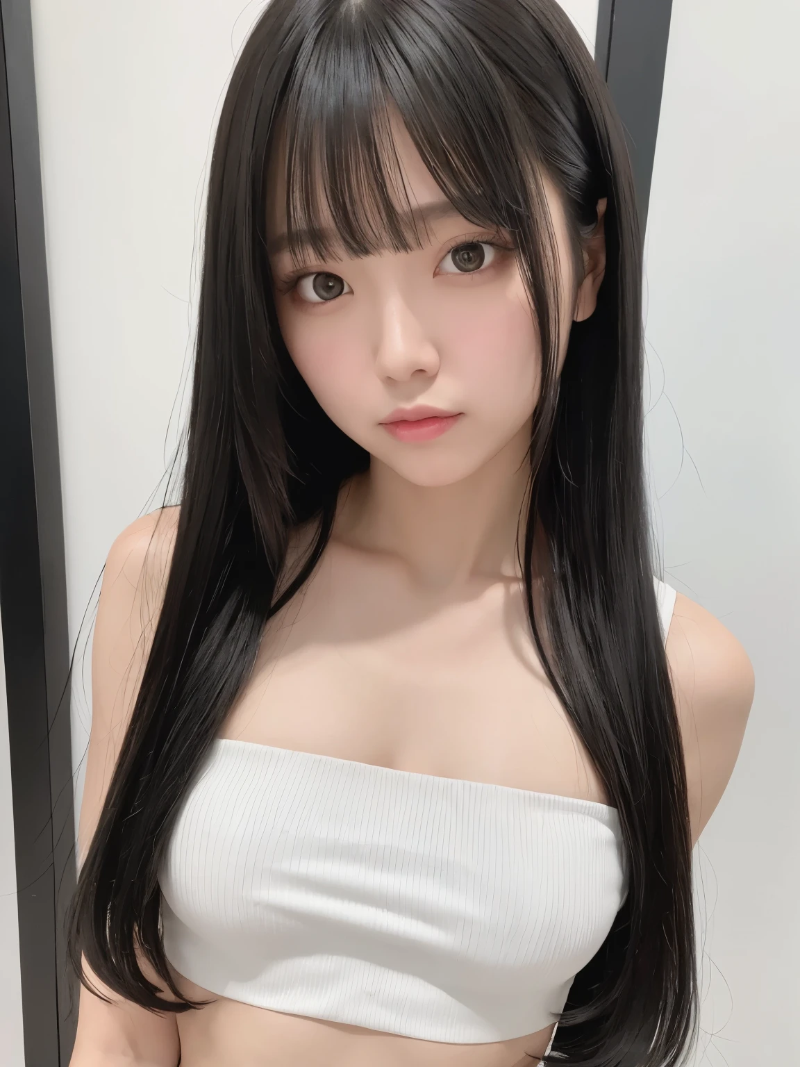 masterpiece, best quality,1girl, solo, black hair, realistic, long hair, crop top, bare shoulders, bangs, closed mouth, upper body, hime cut, mature, white background