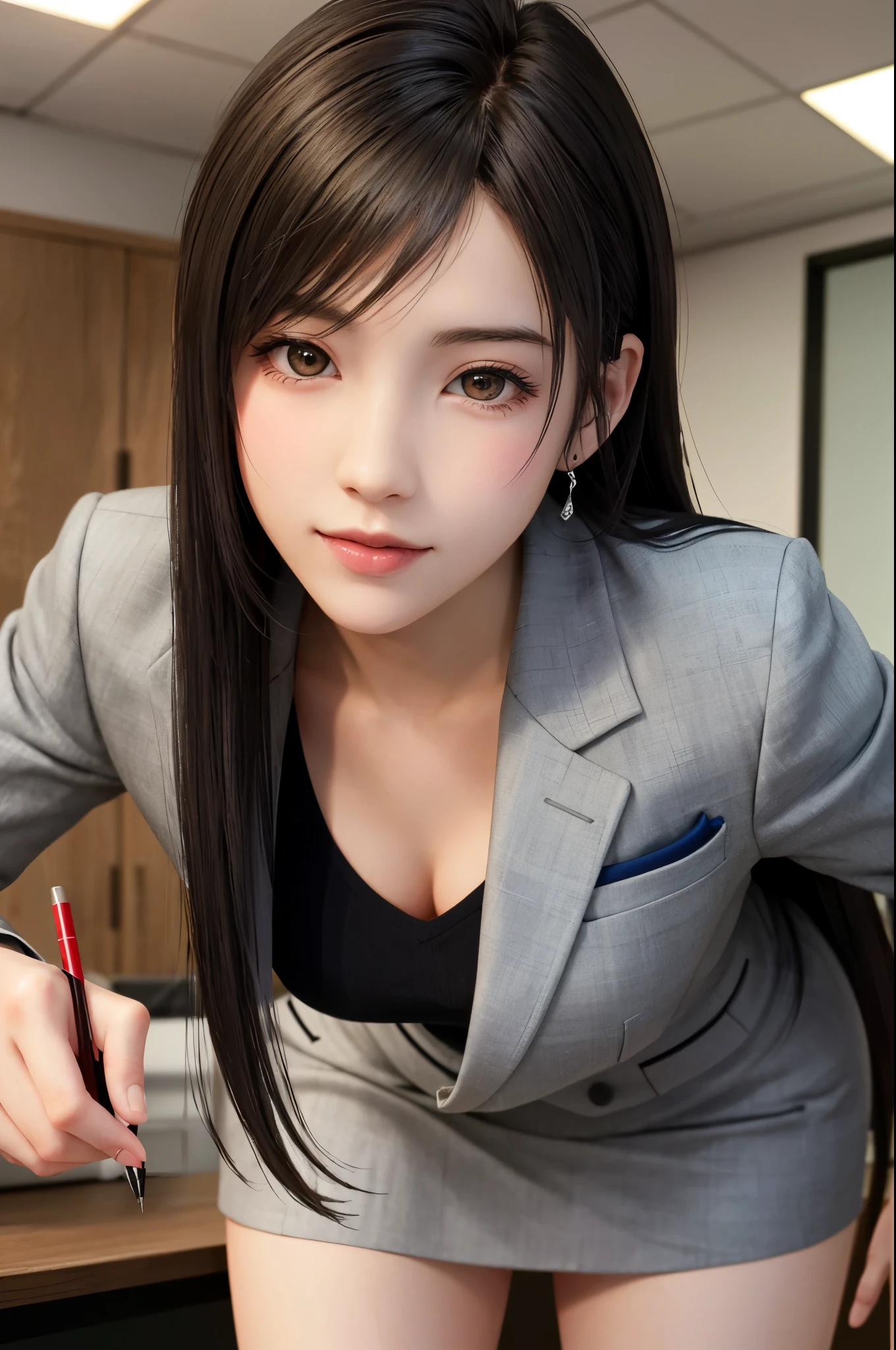 (top quality, masterpiece: 1.1), (Realistic: 1.3), BREAK (((FF7,Tifa_lockhart))),(solo,Tifa:1.2),(Japanese ,gray tailored jacket, gray pencil miniskirt, office suit:1.3) ,(office, indoor, coffee),(strong will, sexy pose:1.1),Ultra-detailed face, Detailed eyes, Red eyes, BREAK (((FF7,Tifa_lockhart))),(light brown hair, Large breasts: 1.2), BREAK (Small and beautiful hard nipple) About 18 years old, kawaii, smile, face focus:1.5,making like she wants to kiss you shy, blush, leaning forward, suggestive, sensual