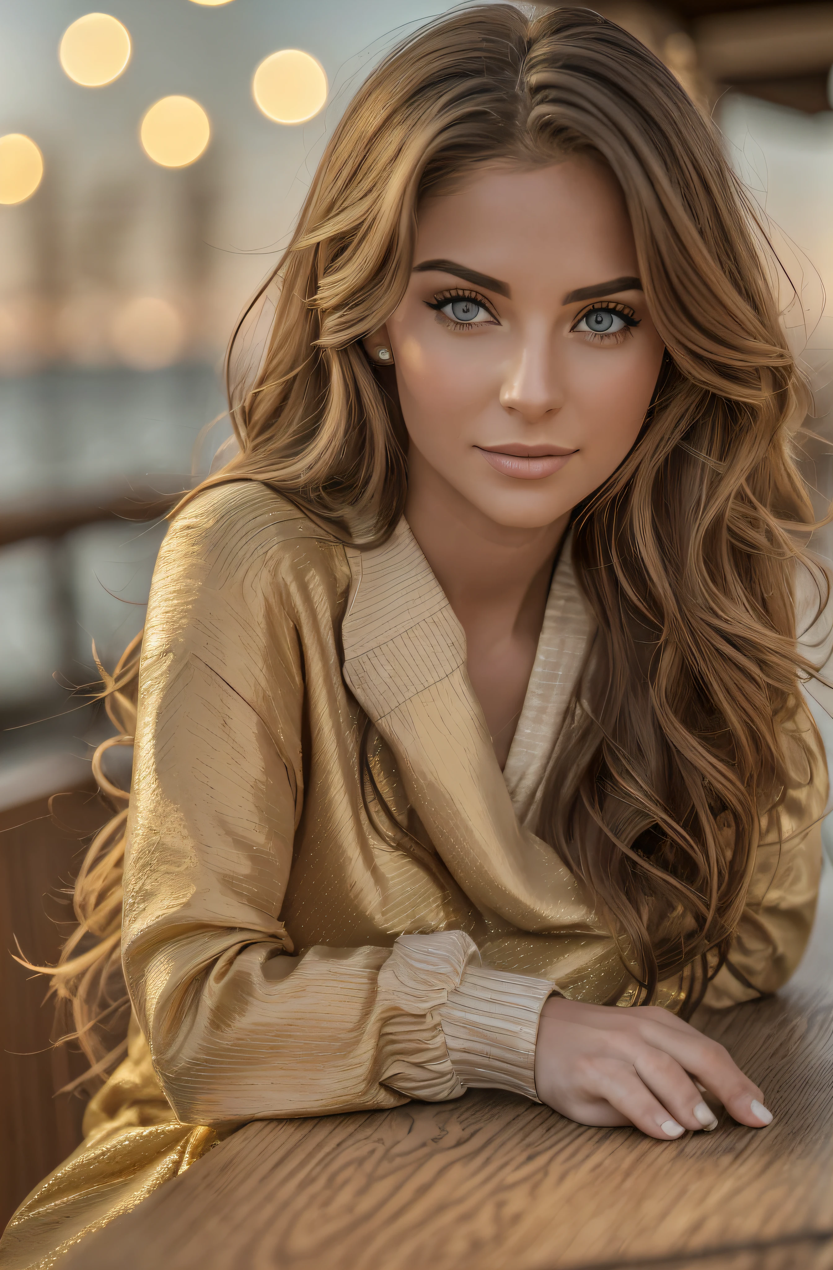 Foto tirada por (sh0hreh:0.99), Uma jovem incrivelmente bonita, hazel eyes, caiu, unordered, Windriges, cabelo castanho claro, Zoomed-in close-up on tight section portrait, sentado em um (table on a seafront promenade, cafeteria, Bar, Bebidas, Cocktails:1.2) Usando um (Camisa de manga comprida de grife vermelha:1.3) (bebidas na mesa:1.3) (Lighting-Gold:1.2) Detalhes de plano de fundo sobre objetos em primeiro plano (Obra de arte:1.2) (fotorrealista:1.2) (Bokeh:1.2) (melhor qualidade) (Cor) (Pele detalhada:1.3) (complicado) (8k) (HDR) (cinematic lighting:1.3) (sharp focus), unordered, Windriges Haar