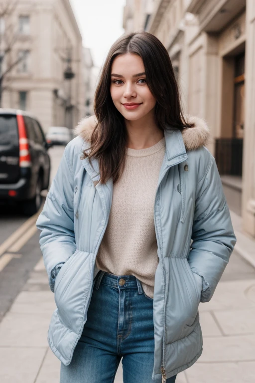 A beautiful girl who smiles at the viewer with tears (17 years old). Appearance: (white skin, long straight black hair, brown eyes, red lips, pink cheeks makeup, small nose, West Russian-like face (Slav-like). Skinny. Pink Winter jacket. Skinny blue jeans)