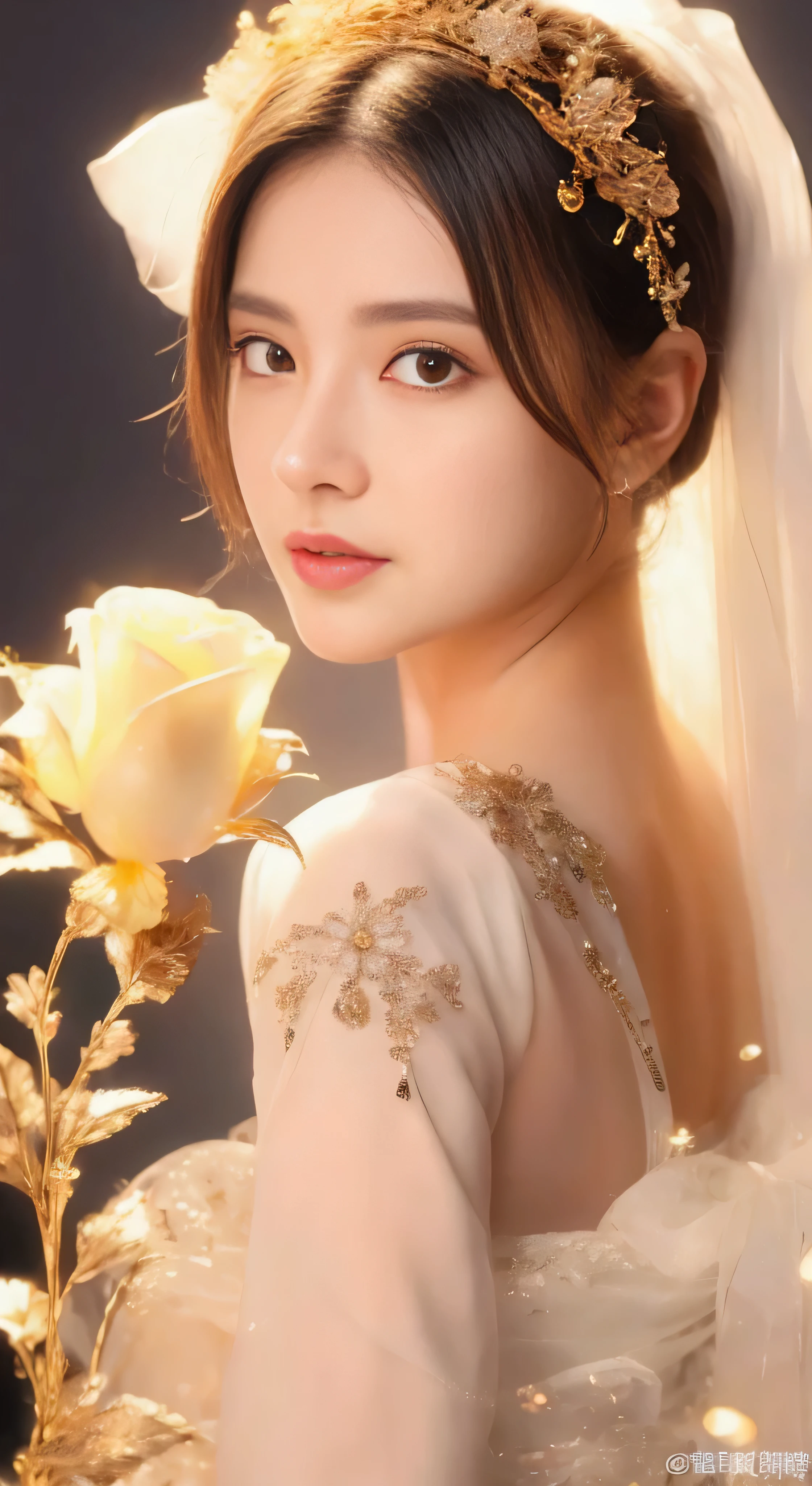 castle in the distance、face is in front、look at the camera、profile、8K、real photos、ultra high resolution, master parts, highest quality, ticker , cinematic images,nice girl、Ann、16 only、Annグロサクソン、double eyelid、droopy eyes、very big eyes、eyes are purple、dark eye shadow、lips are very thin、The tip of your nose grows beautifully...........................................、small nose,,,,, very detailed , silver hair、straight short hair、smile、 sweet expression 、）、very clear shadows , jewelry , fine eyes, Very difficult, shiny skin , パーフェクトブリリAnnト, perfect sentence, dramatic shadow、white tiara on head、Gold necklace around the neck、White aristocratic dress with gold embroidery、glass high heels、angel wings