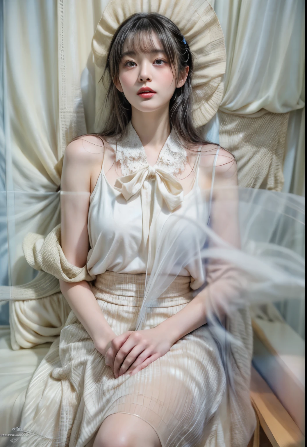 masterpiece、highest quality、cinema、(Detailed both eyes)、(cute japanese woman、bangs:1.3)、23 years old、1 girl、elegant、black hair、(auraroid photo:1.2)、one piece