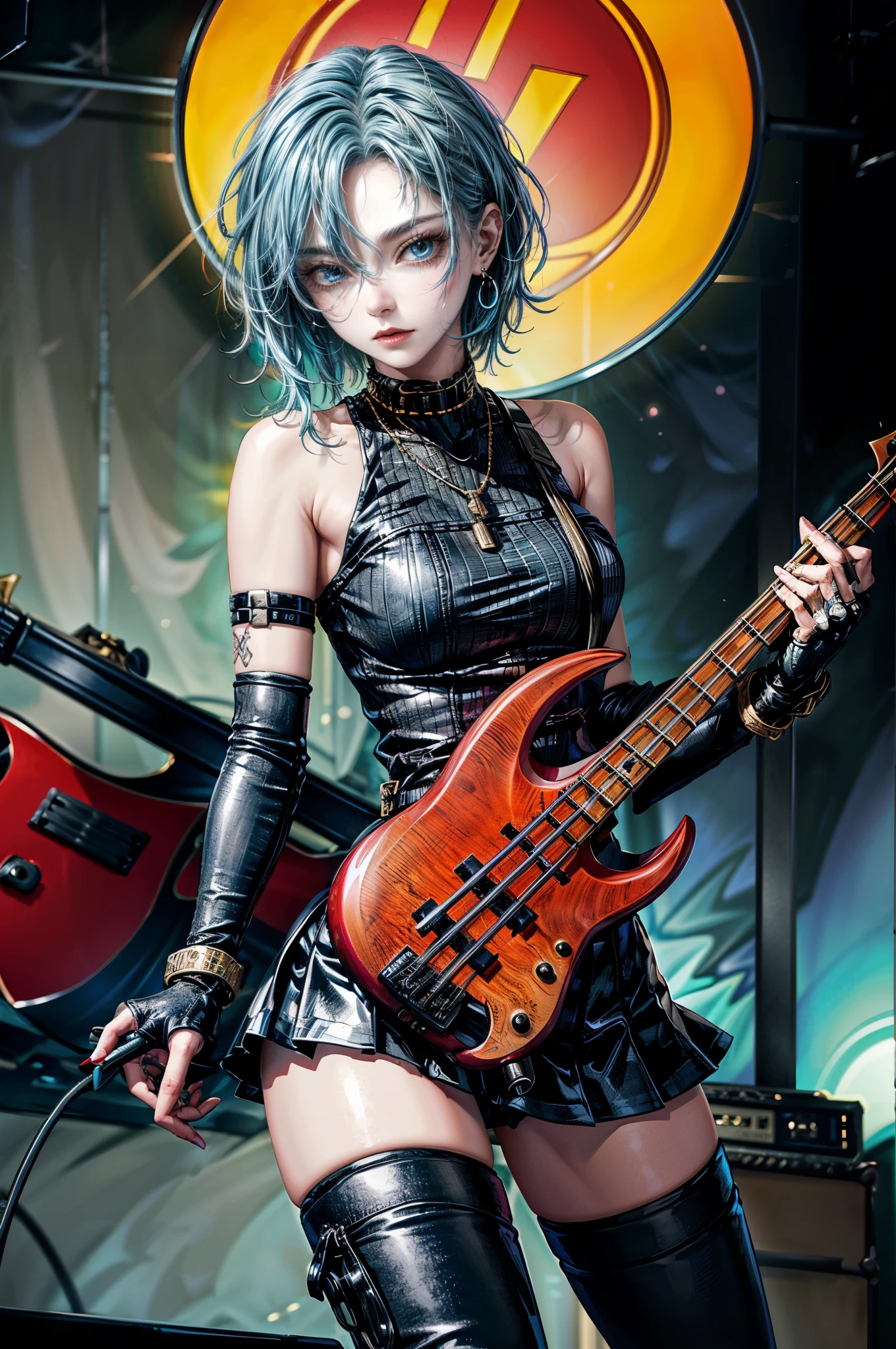 cinematic lighting、highly detailed skin,1 girl, highest quality,cyber punk,midjourney anime style、(dim color, soothing tone:1.3),(20 year old beautiful woman、Detailed beautiful facial features、short hair blue hair、blue eyes、)break.BREAK.Electric Glam Rocker Look,
Sequin or metallic top for a glam rock vibe,
High-waisted leather skirt for a touch of edginess,
Statement belt with metallic or studded details,
Over-the-knee boots with a metallic finish,
Bold, chunky accessories like cuffs or chokers,
Fingerless gloves with metallic accents,
Dramatic eye makeup with metallic or glittery shades,
Guitar-shaped pendant or earrings for a rockstar touch,(playing bass.:1.4)bassist、BREAK(Blue-haired shorthair)
BREAK、Studio inside a skyscraper at night
