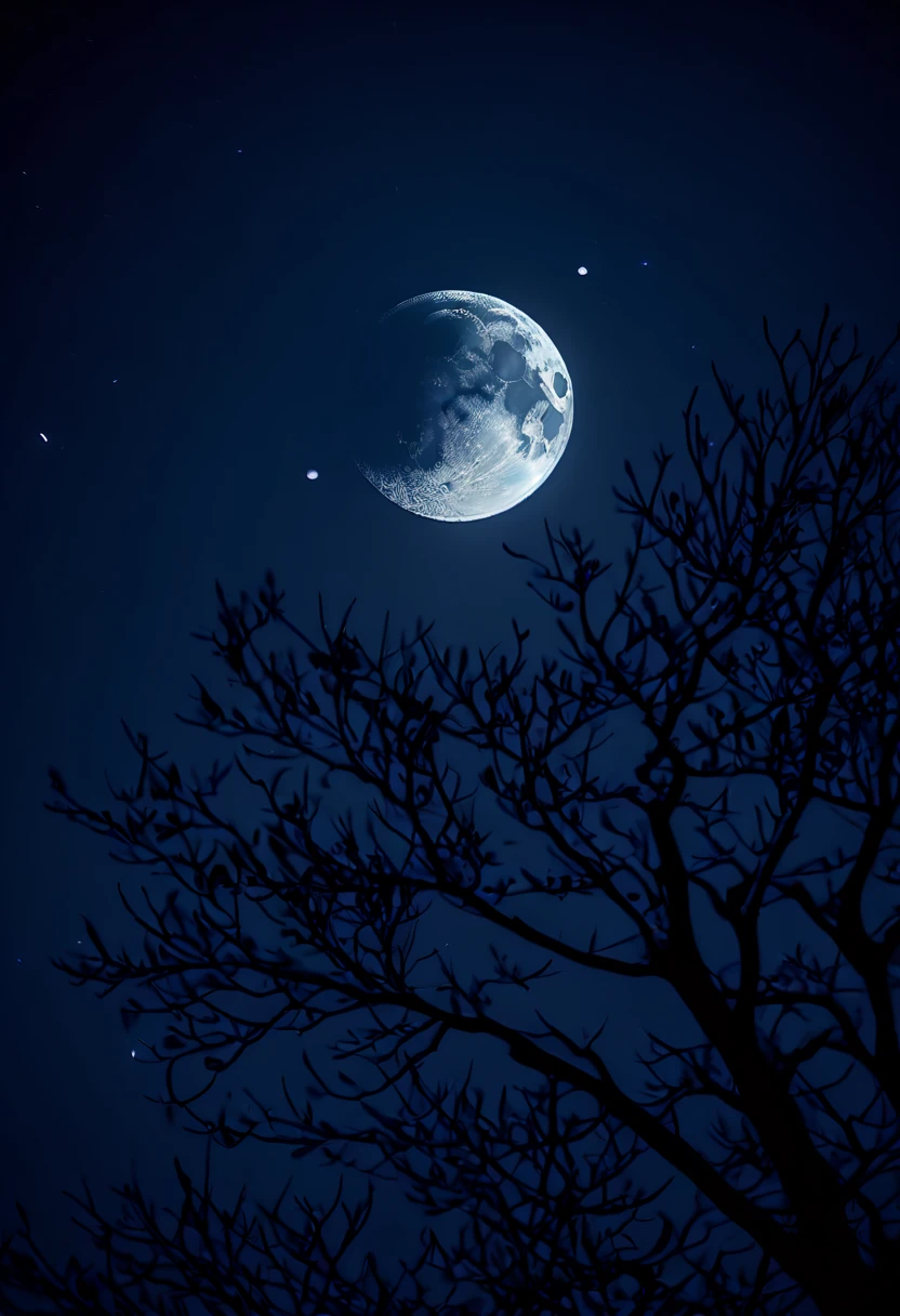 Mamiya photography,film grain,1950s style,foreground blur,close up,Waxing crescent moon,night sky,silhouette of tree branches,high contrast,celestial photography,natural satellite,dark blue tones,crisp focus on moon,visible lunar craters,low light conditions,nature backdrop,tranquil scene,astronomy, (best quality, masterpiece, Representative work, official art, Professional, Ultra high detail, 8k:1.3)