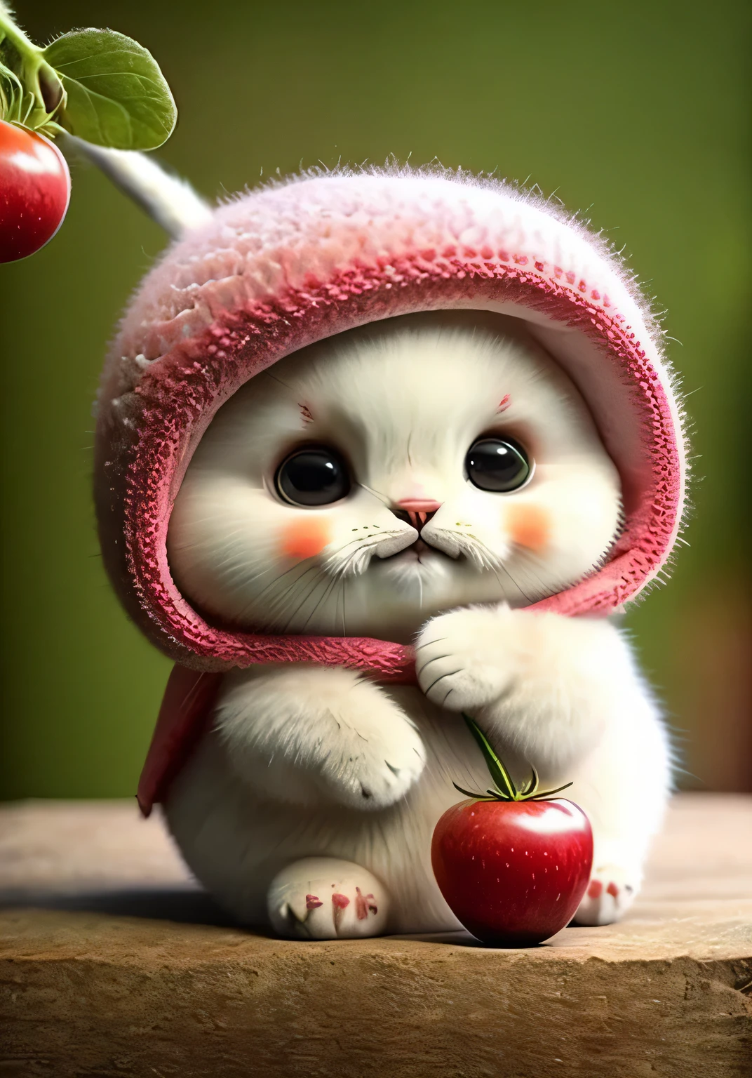 fluffy cat , apple, bear, cherry, food, fruit, whole body, have, non-human, tomatoes, Watermelon