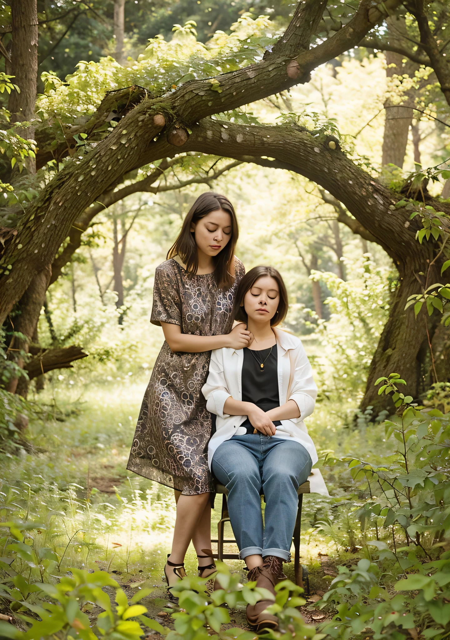 there are two women sitting on a bench in the woods, in the middle of a forest, sitting in the forest, eye closed, girl on the right short hair length