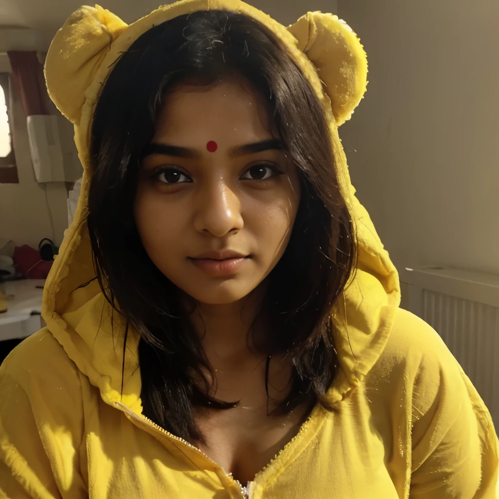 Indian girl dressed in a yellow teddy bear costume. The girl is aged 21 and is fully covered. She has a sharp nose and a clear forehead l, big bosom
