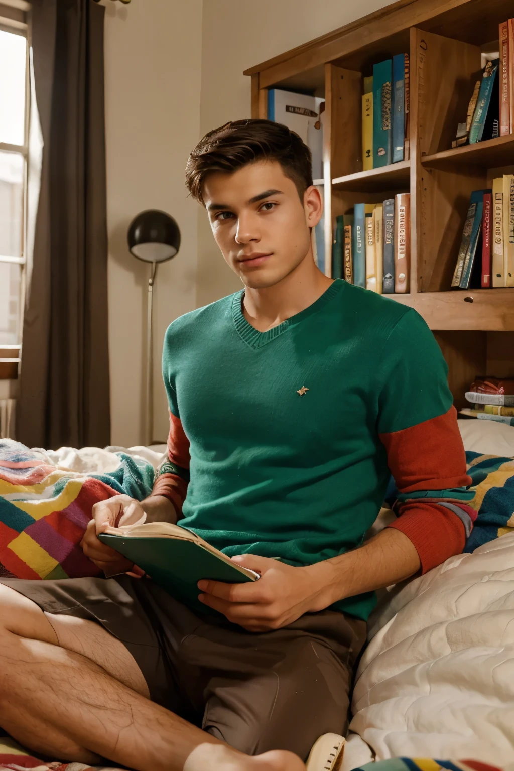 young man, he is looking good, he is looking into camera, background is big - we can see many books, colorfull, beds,