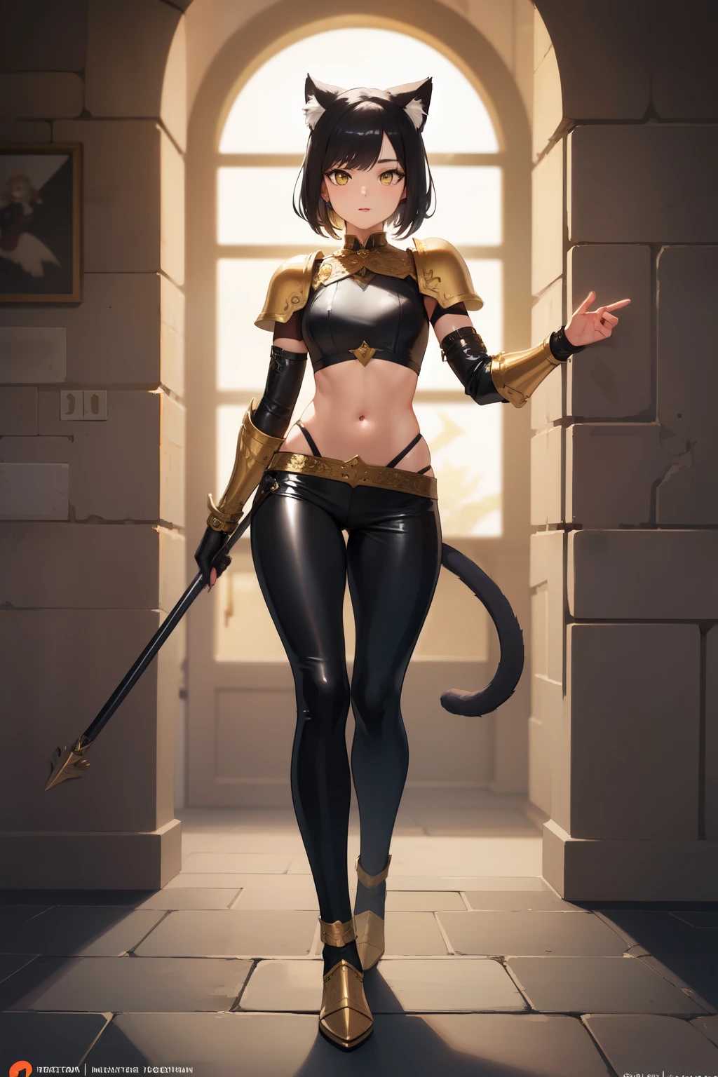 Masterpiece, Dove Camron, cat girl in skin tight black leather armor, fantasy DND character, with fluffy cat tail, golden eyes and short black hair, full body, midriff, detailed, highres, fantasy, DND, neko, black leather, gold eyes, fluffy tail, professional, intricate details, full body, dungeons and dragons,