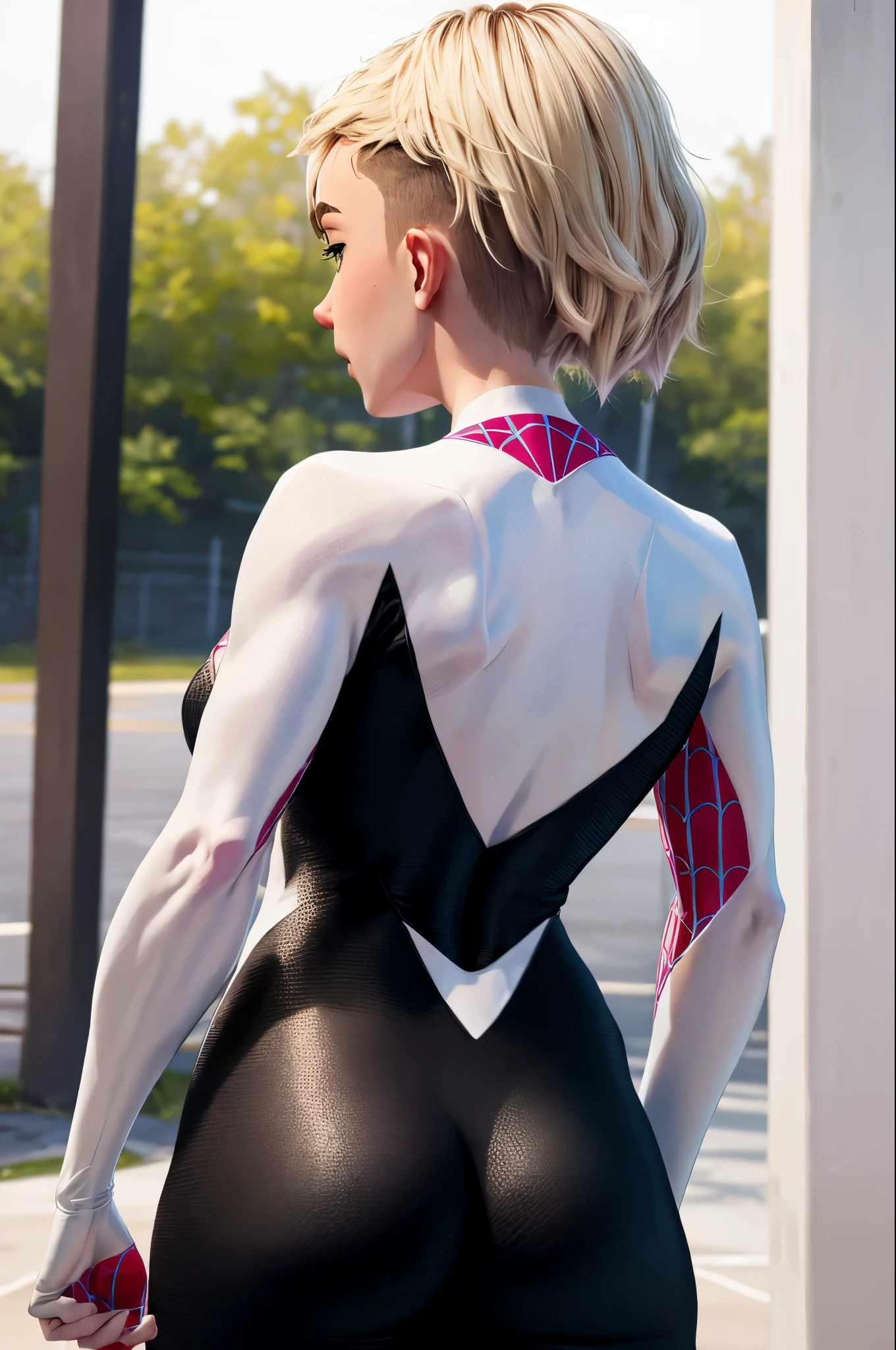 masterpiece, Best quality, 1 girl, Gwenstacy, blonde hair, asymmetrical hair, Close-up, One, big sexy ass