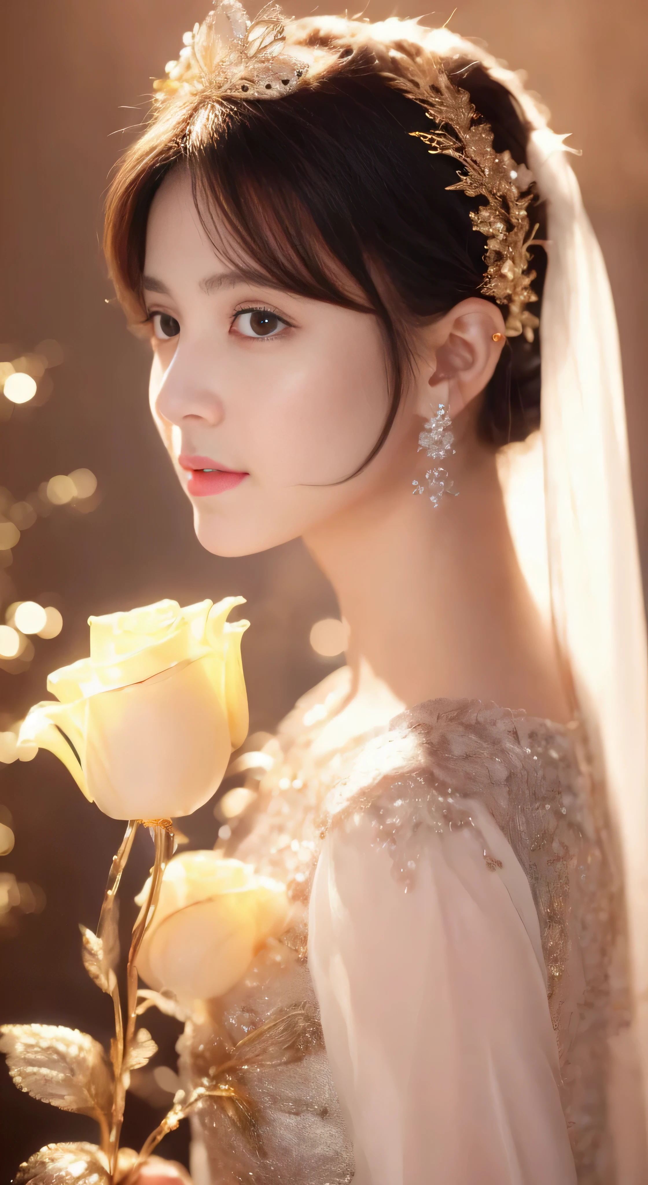 castle in the distance、face is in front、look at the camera、profile、8K、real photos、ultra high resolution, master parts, highest quality, ticker , cinematic images,nice girl、Ann、16 only、Annグロサクソン、double eyelid、droopy eyes、very big eyes、eyes are purple、dark eye shadow、lips are very thin、The tip of your nose grows beautifully...........................................、small nose,,,,, very detailed , silver hair、straight short hair、smile、 sweet expression 、)、very clear shadows , jewelry , fine eyes, Very difficult, shiny skin , パーフェクトブリリAnnト, perfect sentence, dramatic shadow、white tiara on head、gold necklace around neck、White aristocratic dress with gold embroidery、glass high heels、angel wings
