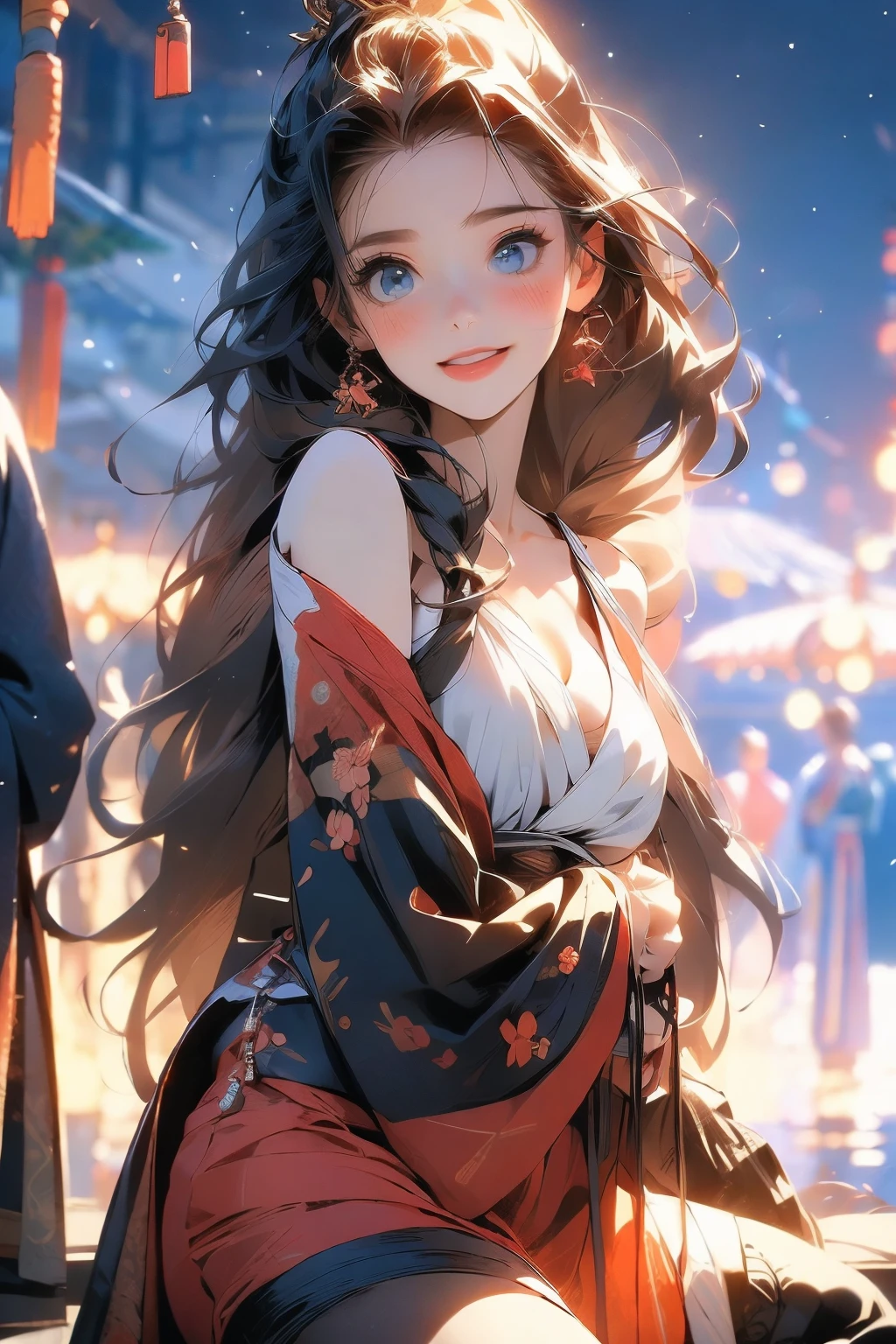 (official art、best quality、Unity 8K Wallpaper、32k、masterpiece、Super detailed、ultra high resolution、actual、Realism:1.2)、(light:1.2)、fire glow effect、film particles、best light and shadow、edge lighting、side lights、(Super detailed且复杂的 3D 渲染)、Exquisite and beautiful face,blue eyes,reddish brown hair,medium breasts, Perfect body,Smile,(Super delicate skin、Detailed skin texture:1.3, blush:1.2)、see whole body,looking into camera, Anime CG style, ((Red gorgeous Hanfu,Show chest,bare shoulders,Black tights)), squatting position,Deep mountain hot spring, (wind blows hair,bare shoulders,exposing her chest,Black tights) , night time,full moon snowing
