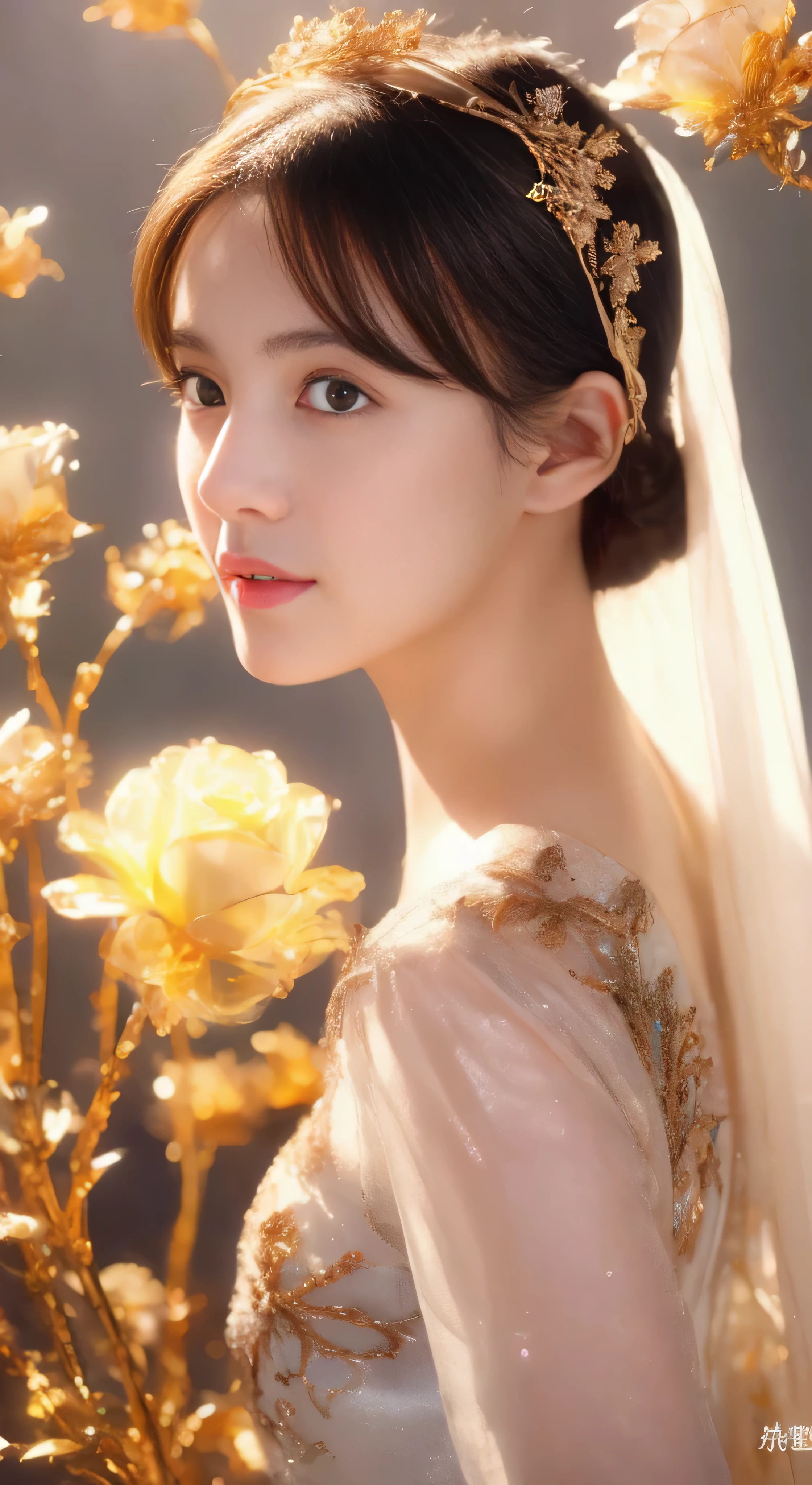castle in the distance、face is in front、look at the camera、profile、8K、real photos、ultra high resolution, master parts, highest quality, ticker , cinematic images,nice girl、Ann、 only、Annグロサクソン、double eyelid、droopy eyes、very big eyes、eyes are purple、dark eye shadow、lips are very thin、The tip of your nose grows beautifully...........................................、small nose,,,,, very detailed , silver hair、straight short hair、smile、 sweet expression 、）、very clear shadows , jewelry , fine eyes, Very difficult, shiny skin , パーフェクトブリリAnnト, perfect sentence, dramatic shadow、white tiara on head、gold necklace around neck、White aristocratic dress with gold embroidery、glass high heels、angel wings