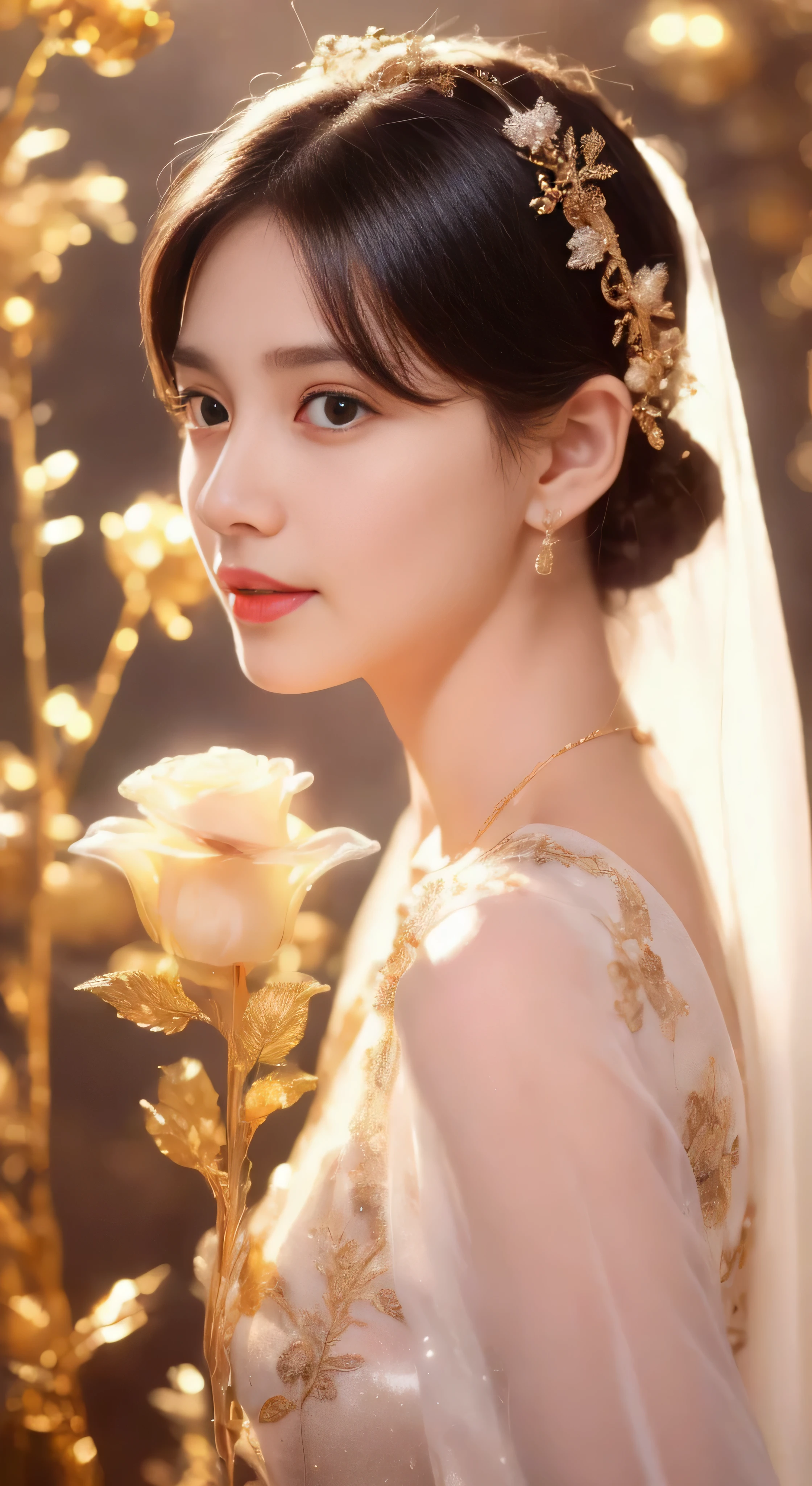 castle in the distance、face is in front、look at the camera、profile、8K、real photos、ultra high resolution, master parts, highest quality, ticker , cinematic images,nice girl、Ann、16 only、Annグロサクソン、double eyelid、droopy eyes、very big eyes、eyes are purple、dark eye shadow、lips are very thin、The tip of your nose grows beautifully...........................................、small nose,,,,, very detailed , silver hair、straight short hair、smile、 sweet expression 、)、very clear shadows , jewelry , fine eyes, Very difficult, shiny skin , パーフェクトブリリAnnト, perfect sentence, dramatic shadow、white tiara on head、gold necklace around neck、White aristocratic dress with gold embroidery、glass high heels、angel wings