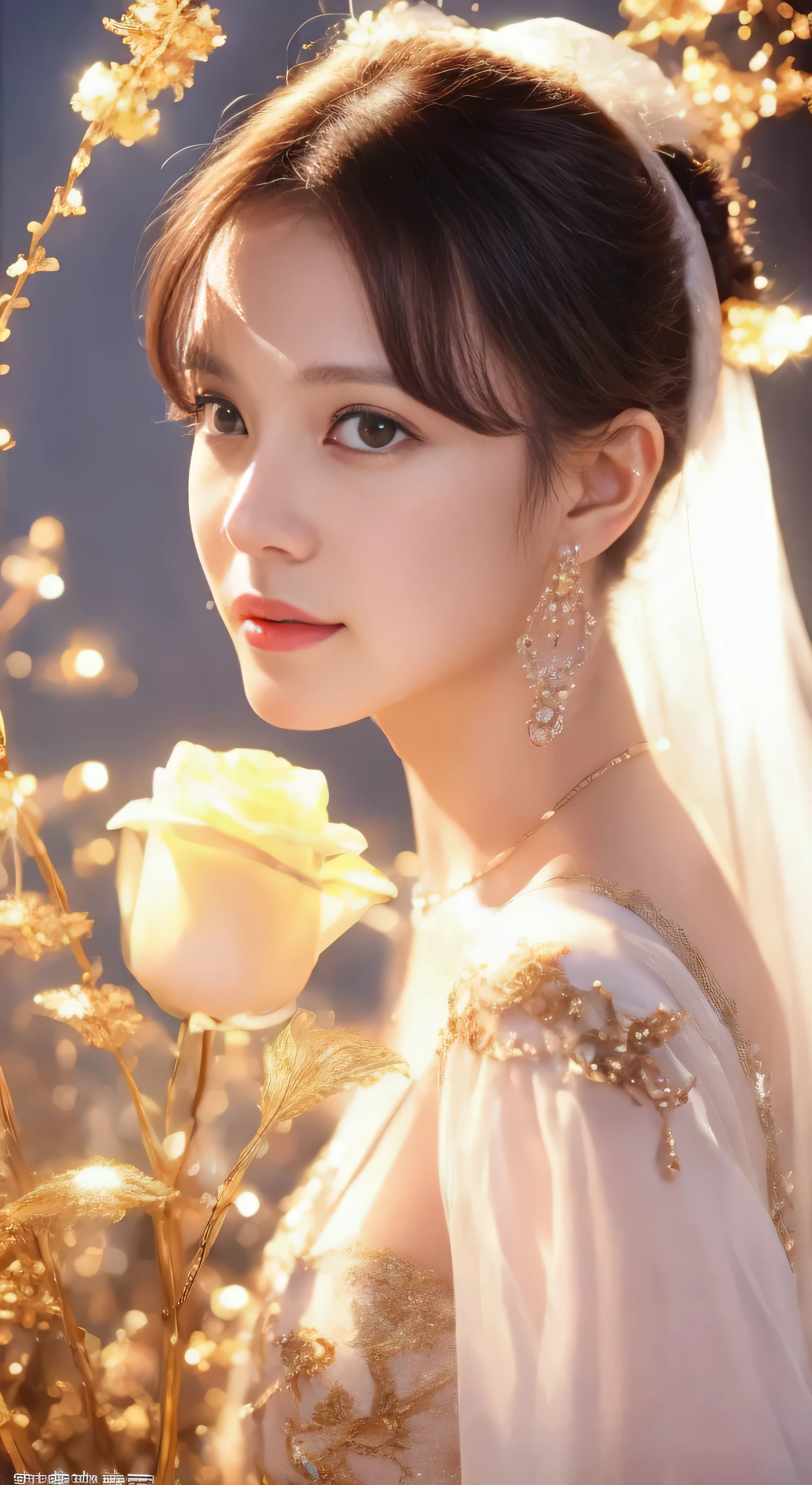 castle in the distance、face is in front、look at the camera、profile、8K、real photos、ultra high resolution, master parts, highest quality, ticker , cinematic images,nice girl、Ann、16 only、Annグロサクソン、double eyelid、droopy eyes、very big eyes、eyes are purple、dark eye shadow、lips are very thin、The tip of your nose grows beautifully...........................................、small nose,,,,, very detailed , silver hair、straight short hair、smile、 sweet expression 、）、very clear shadows , jewelry , fine eyes, Very difficult, shiny skin , パーフェクトブリリAnnト, perfect sentence, dramatic shadow、white tiara on head、gold necklace around neck、White aristocratic dress with gold embroidery、glass high heels、angel wings
