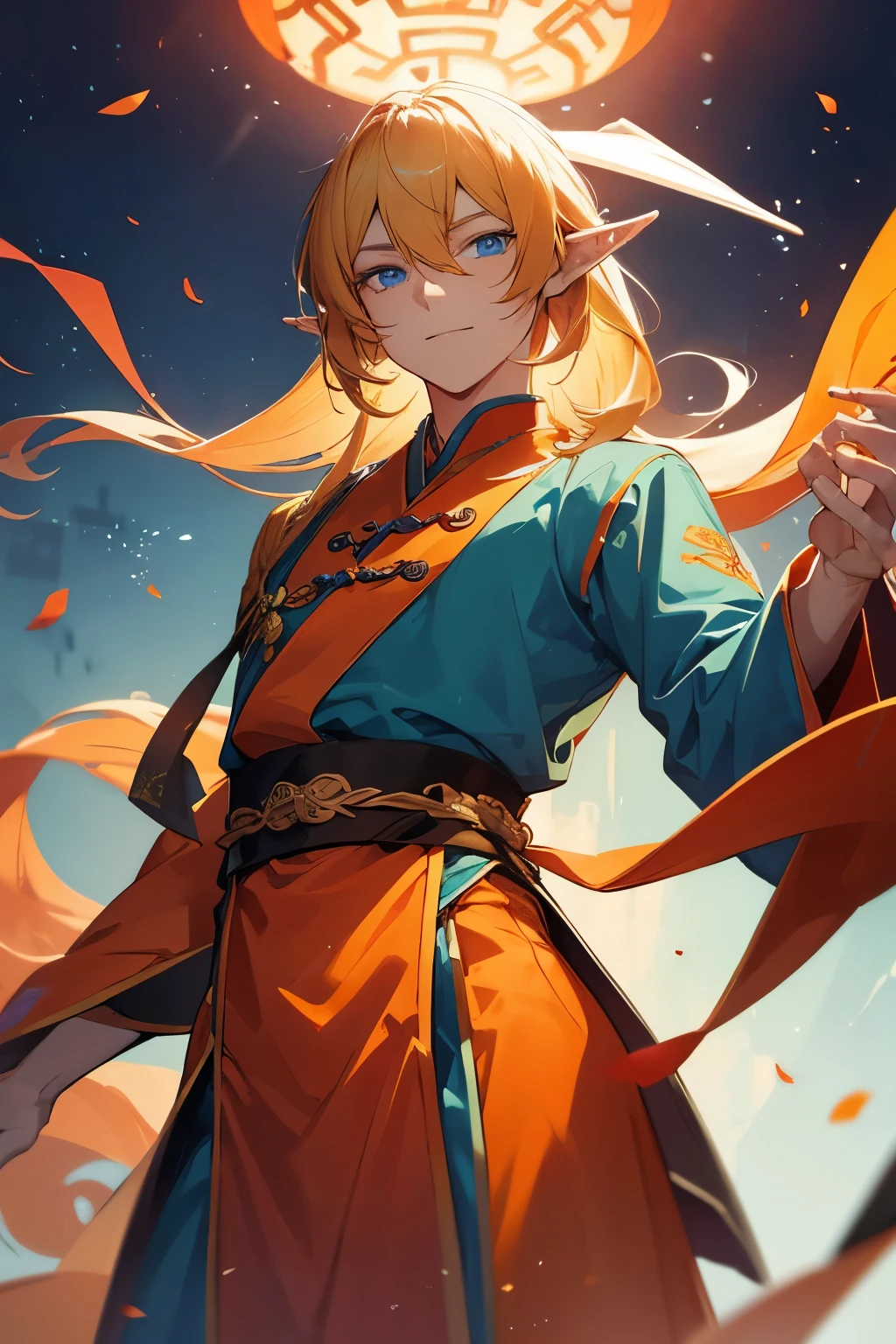 Half-elf man in traditional Chinese clothing of orange color, blond hair, blue eyes