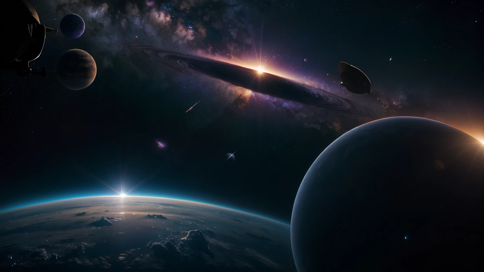 create a photorealistic scene in deep space. You can see the galaxy in the background, the sun is eclipsing a distant planet. You can see stars and space ships in the distant background . There are vibrant colors like blue and purple.