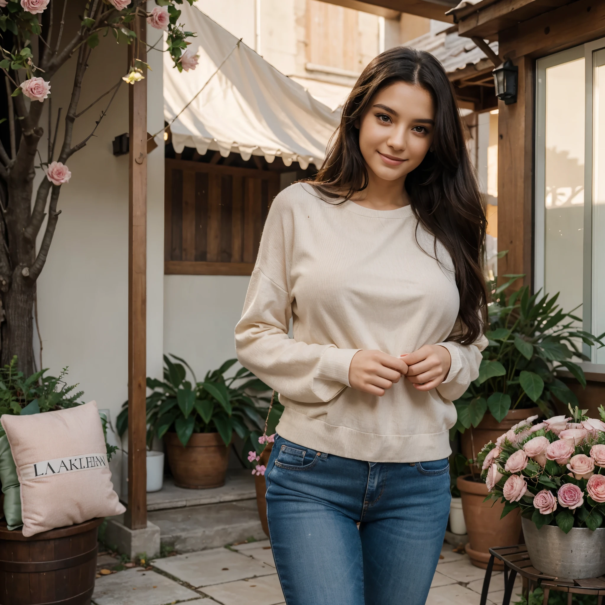 One woman of about 20 years old, black long hair, body measurement 36-25-36, height 5'7", big breasts, Hazel eyes, wearing Long Sleeve Floral Shrug outfit, jeans, with bouquet of flowers in hand, smiling, shy face, valentine week, Full Body full height Shooting, Masterpiece, mobile Photography, daylight, 8k, Top Quality, Photorealistic, Ultra Detailed, (high skin detail:1.2),Intricate, sharp-focus, candid capture